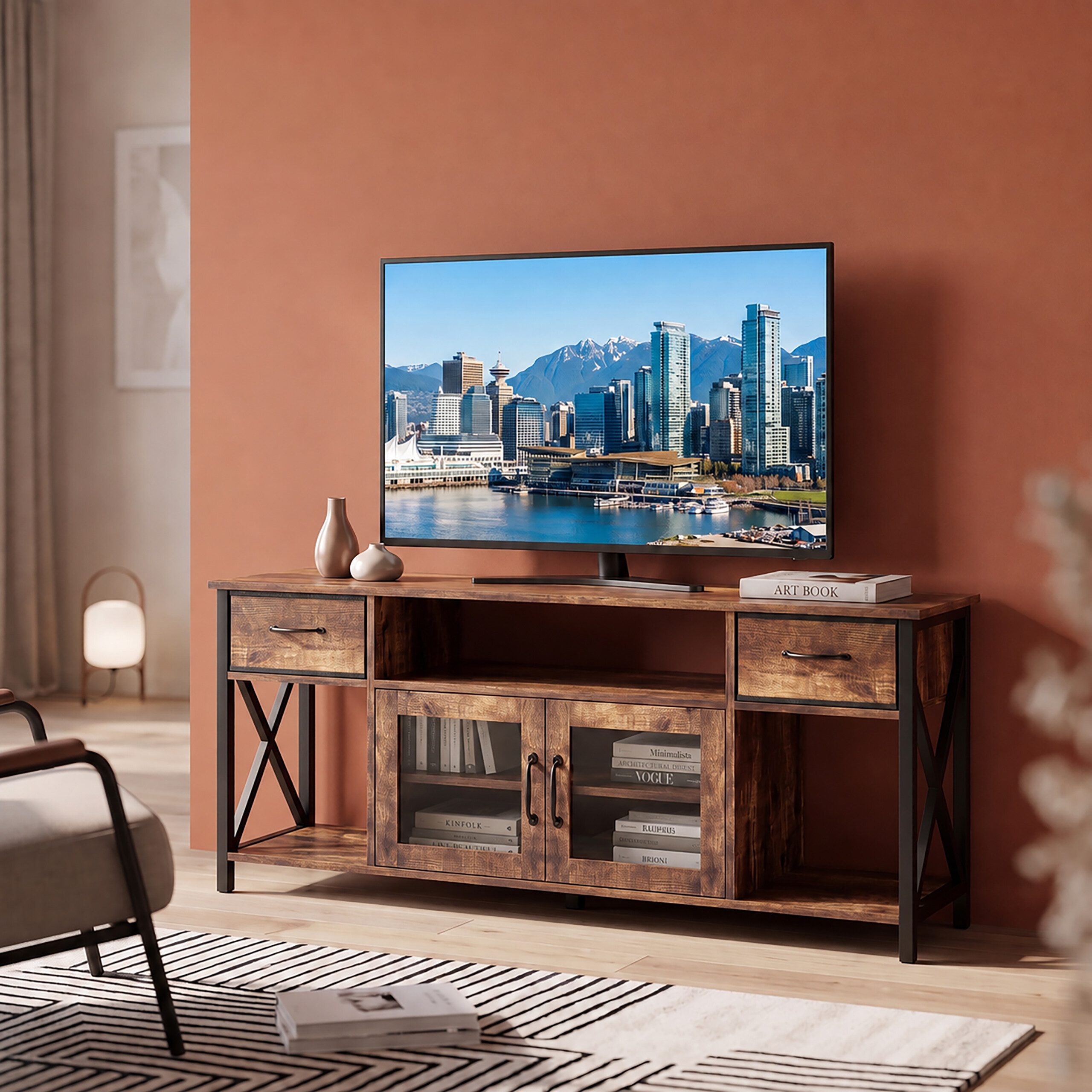 relaxdays TV-Bank TV Lowboard mit Stauraum, Industrial-Schwarz, 140 cm