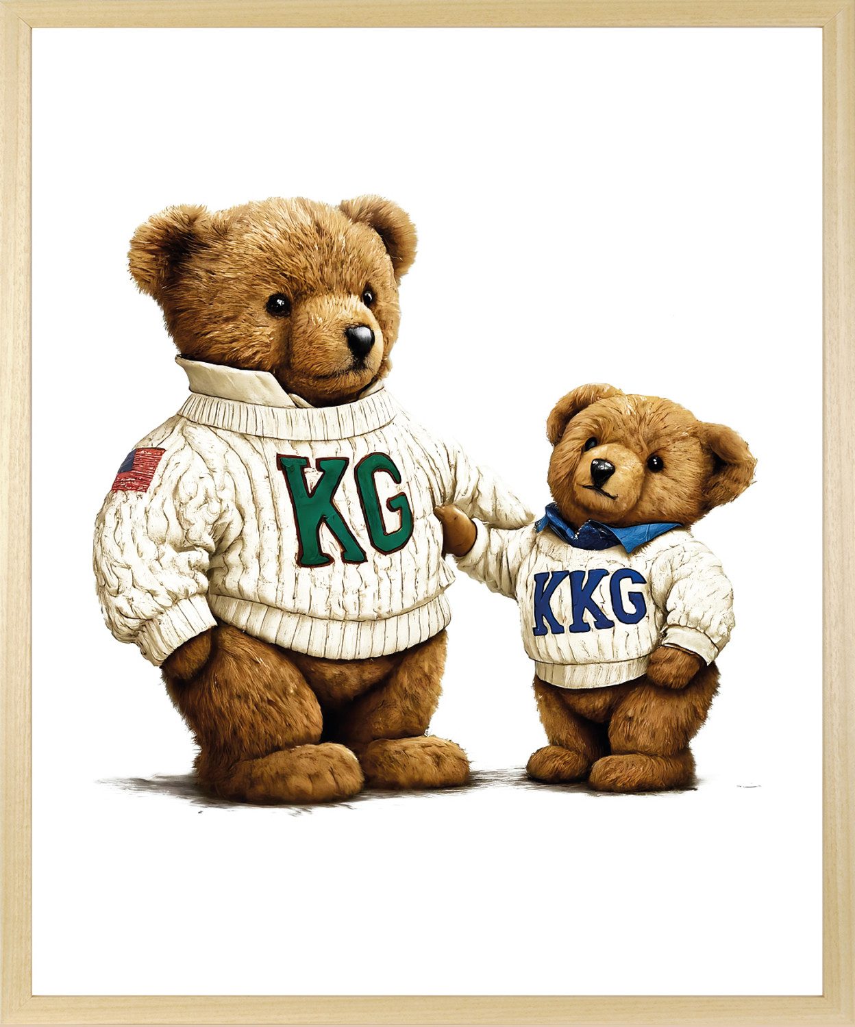 queence Bild mit Rahmen Vintage Teddy Bär groß & klein, Bär, Bären, Fashion, Figuren, Mode, Modebilder, HD Premium Poster-Druck inkl. Echtholzrahmen in beige
