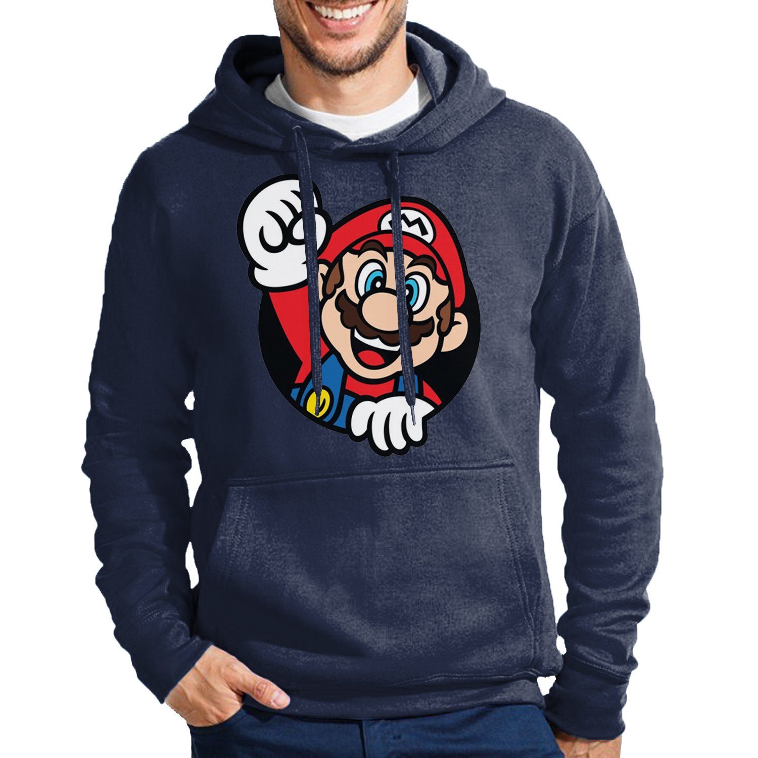 Blondie & Brownie Hoodie Herren Super Mario Faust Nerd Konsole Gaming Spiel Nintendo mit Kapuze Navyblau