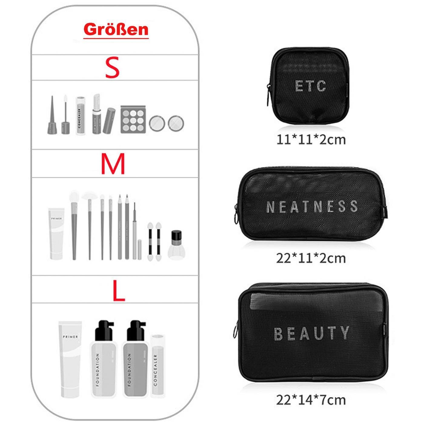 VERCO Kosmetiktasche Reise Make-Up Kulturbeutel (3-tlg), Schminktasche Tasche Beautycase Grau Kosmetik Beutel Set