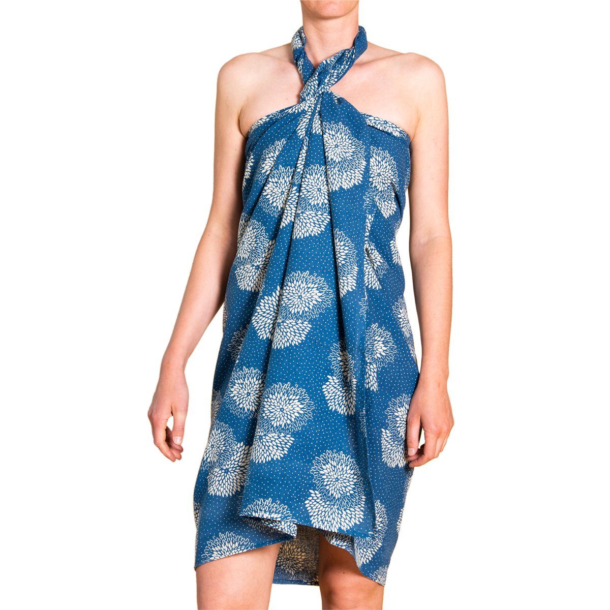 Schal Pareo Indigo Chrysantheme oder als Halstuch großes Sarong Baumwolle oder auch tragbar PANASIAM Wickeltuch Bikini Cover-up Überwurf Strandtuch, oder Schultertuch