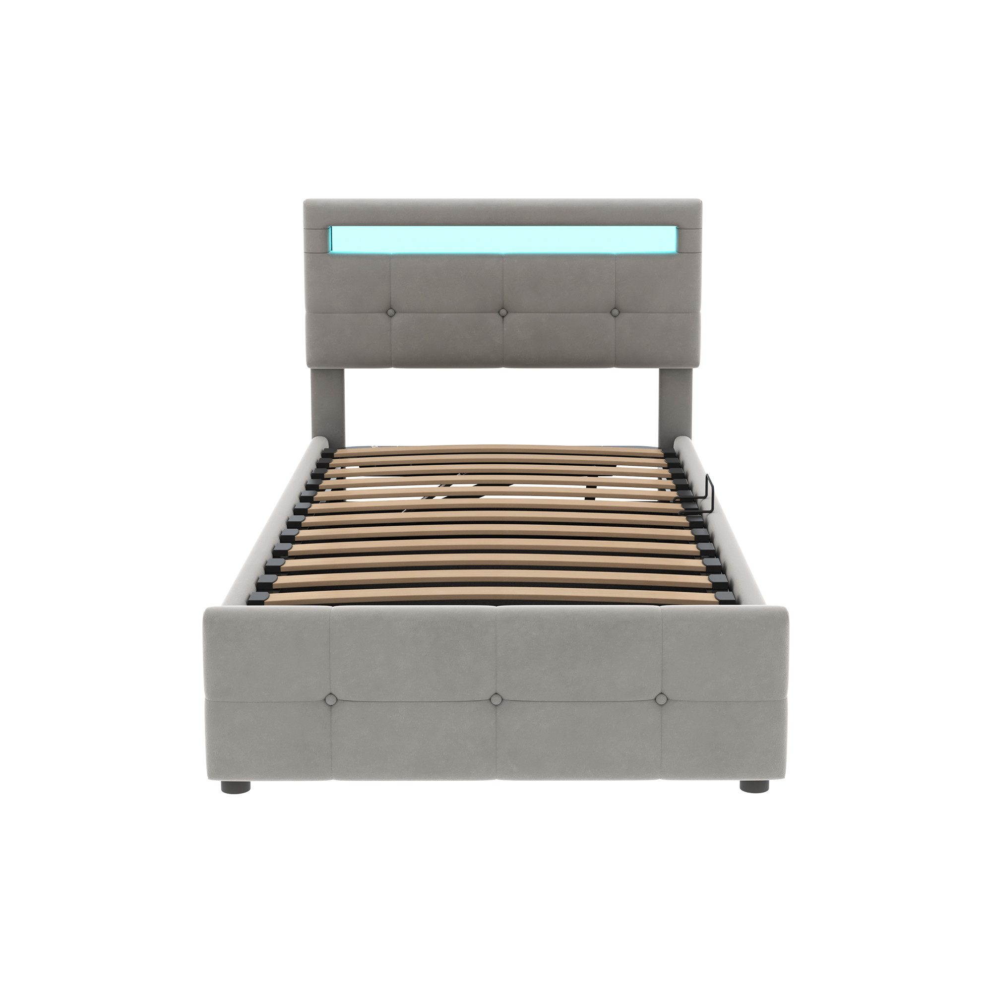 Kinderbett Polsterbett Hochboxbett Stauraumbett Höhenverstellbares Kopfteil90x200