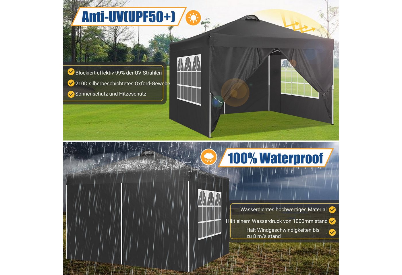 Thumbnail - LUCKZON Pavillon 3x3 Pavillon Wasserdicht Pop up Faltpavillon UV 50+, mit 4 Seitenteilen, mit 4 Seitenteilen Faltbar Zel...