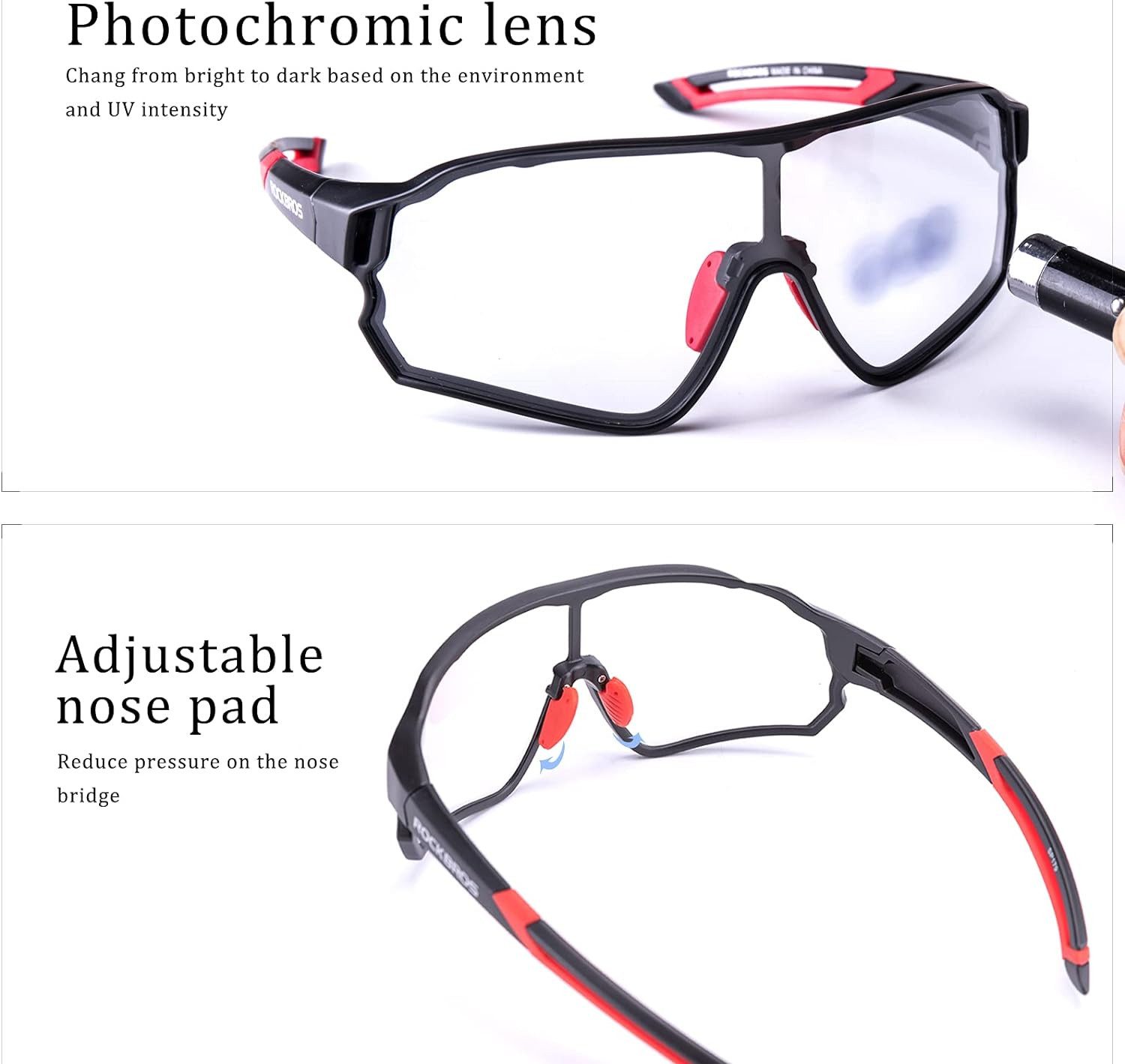 ROCKBROS Fahrradbrille Photochrome Sonnenbrille Damen Herren Fahrradbrille UV400, (zum Radfahren, Motorradfahren, Autofahren, Laufen, Angeln, Golf, Biking Outdoor), Transparente Selbsttönende Brille