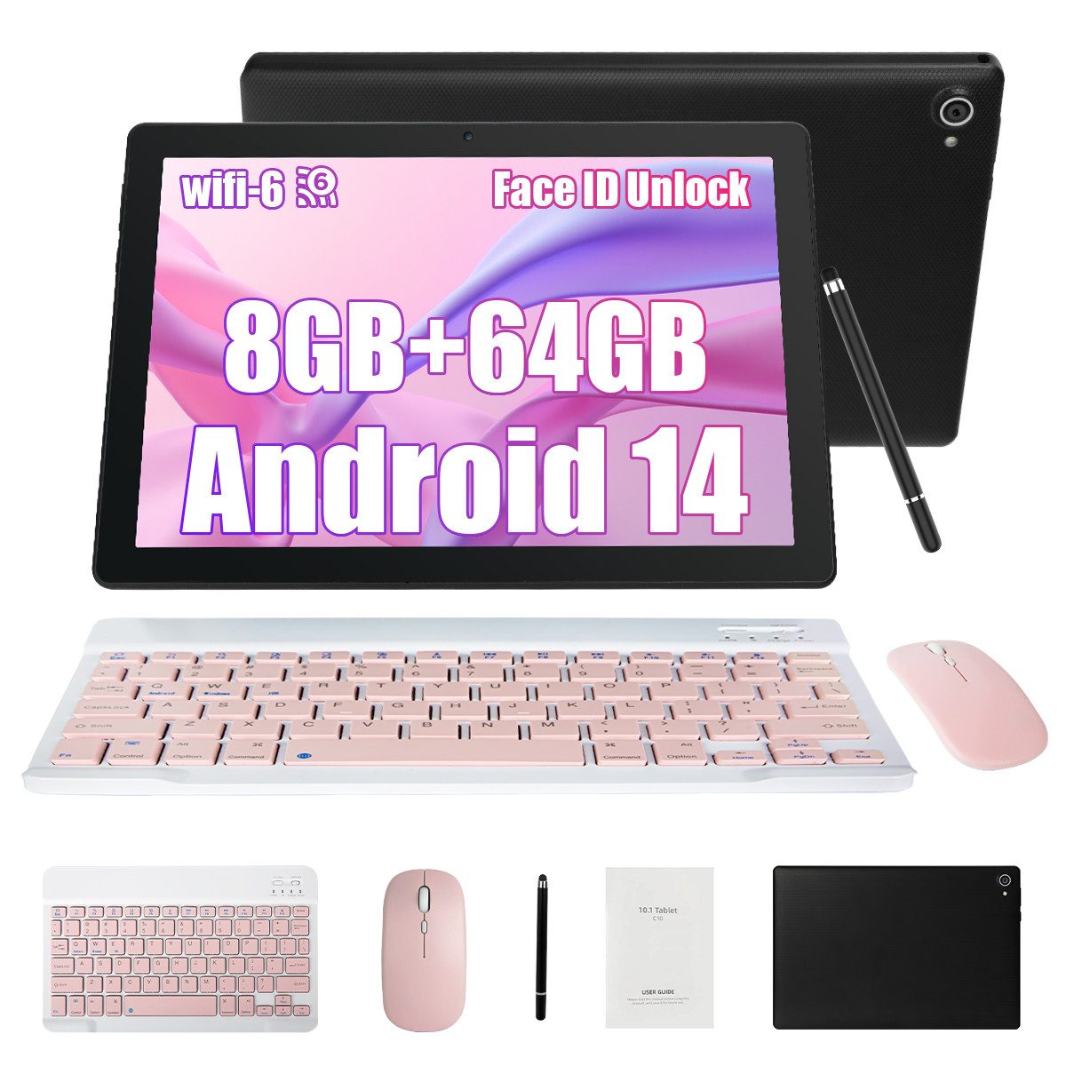 BUFO 10,1 Zoll 8(3+5)GB+64GB Expand 1TB mit Maus, Tastatur und Stylus Tablet (10", 64 GB, Android, 2,4G/5G WiFi, Android 14, 5000mAh, Gesichtsentsperrung, 1280x800 HD IPS)