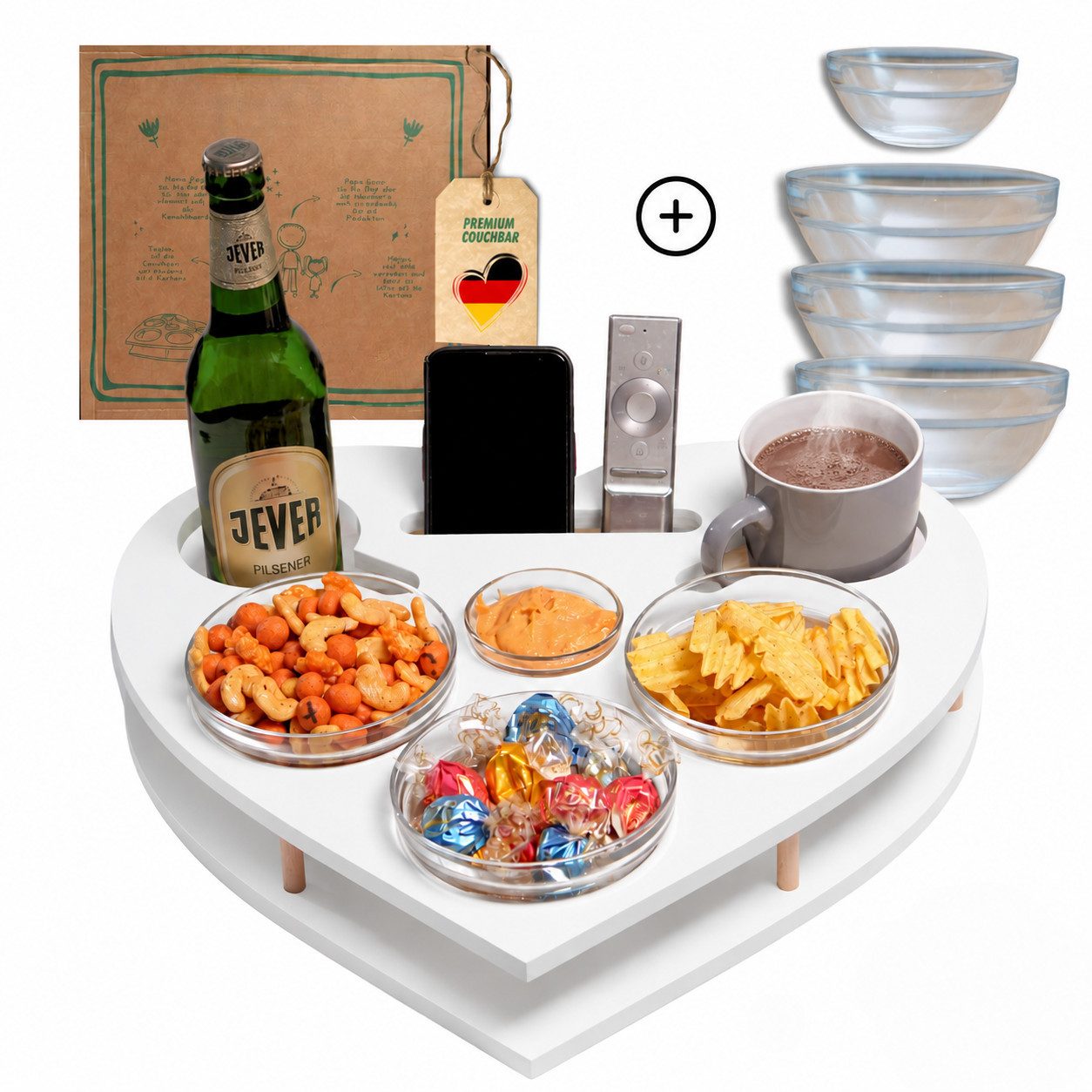 PEGSEN Servierplatte Couchbar Snackbox Herz mit 4 Snackschalen Sofa Tablett, Birkenholz, (Geschenkset inkl. Geschenkkarton, 5-tlg., lebensmittelechte Glasschalen), passend für Kaffeetassen, Weingläser & 0,5l Flaschen