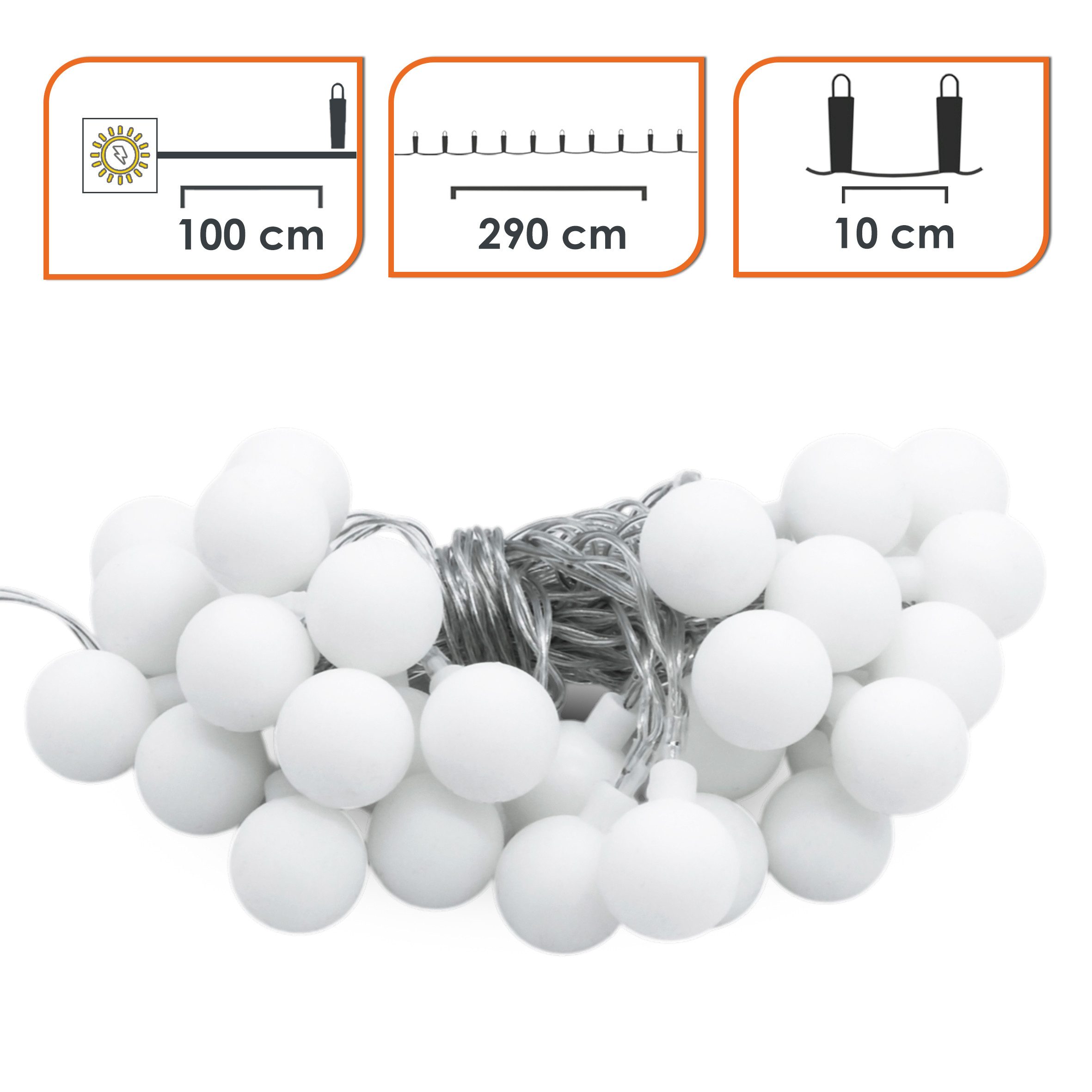 Spetebo LED-Lichterkette Lichterkette 290 cm für Außen mit 30 mini Kugeln, 30-flammig, Automatische Einschaltung bei Dämmerung