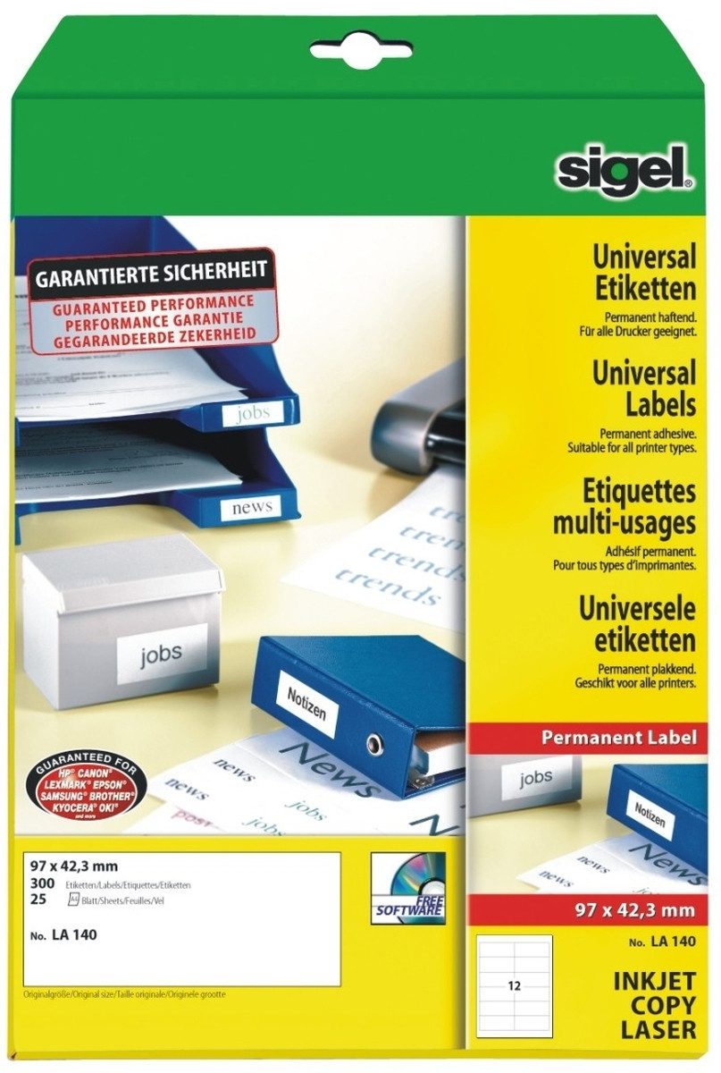 Sigel Etiketten Etiketten Inkjet/Laser Kopier 97x42,3mm VE=300 Stück (25 Blatt) weiß