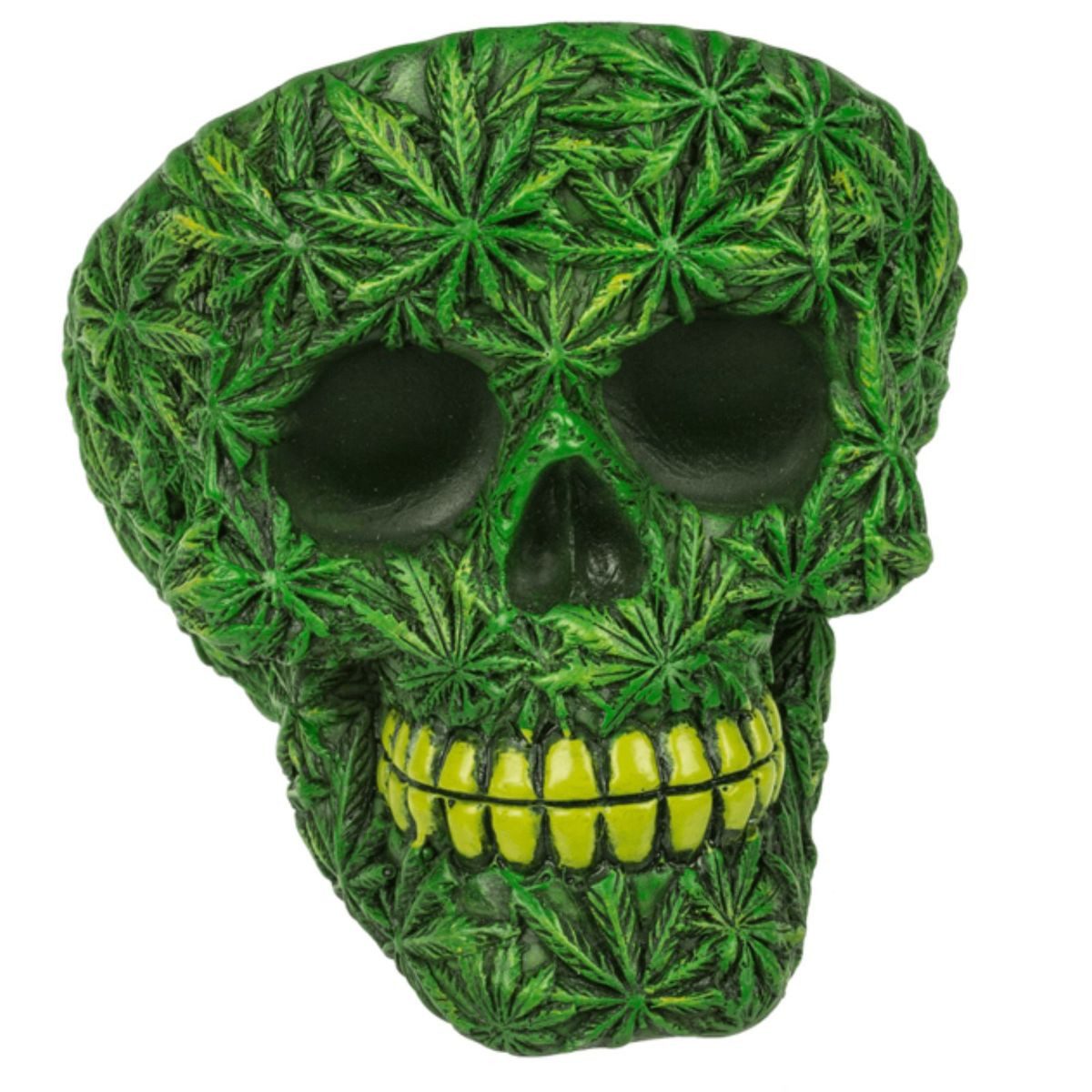 Out of the Blue Aschenbecher Totenschädel mit Cannabis Motiv ca. 11cm Totenkopf Ascher Marihuana, mit 3 Einsenkungen