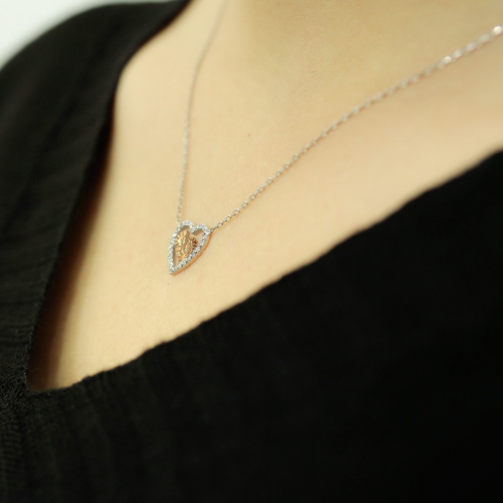 EinStein Diamant Goldkette Diamanten Halskette Baby-Füße in Herz 14 Karat Rose und Weißgold