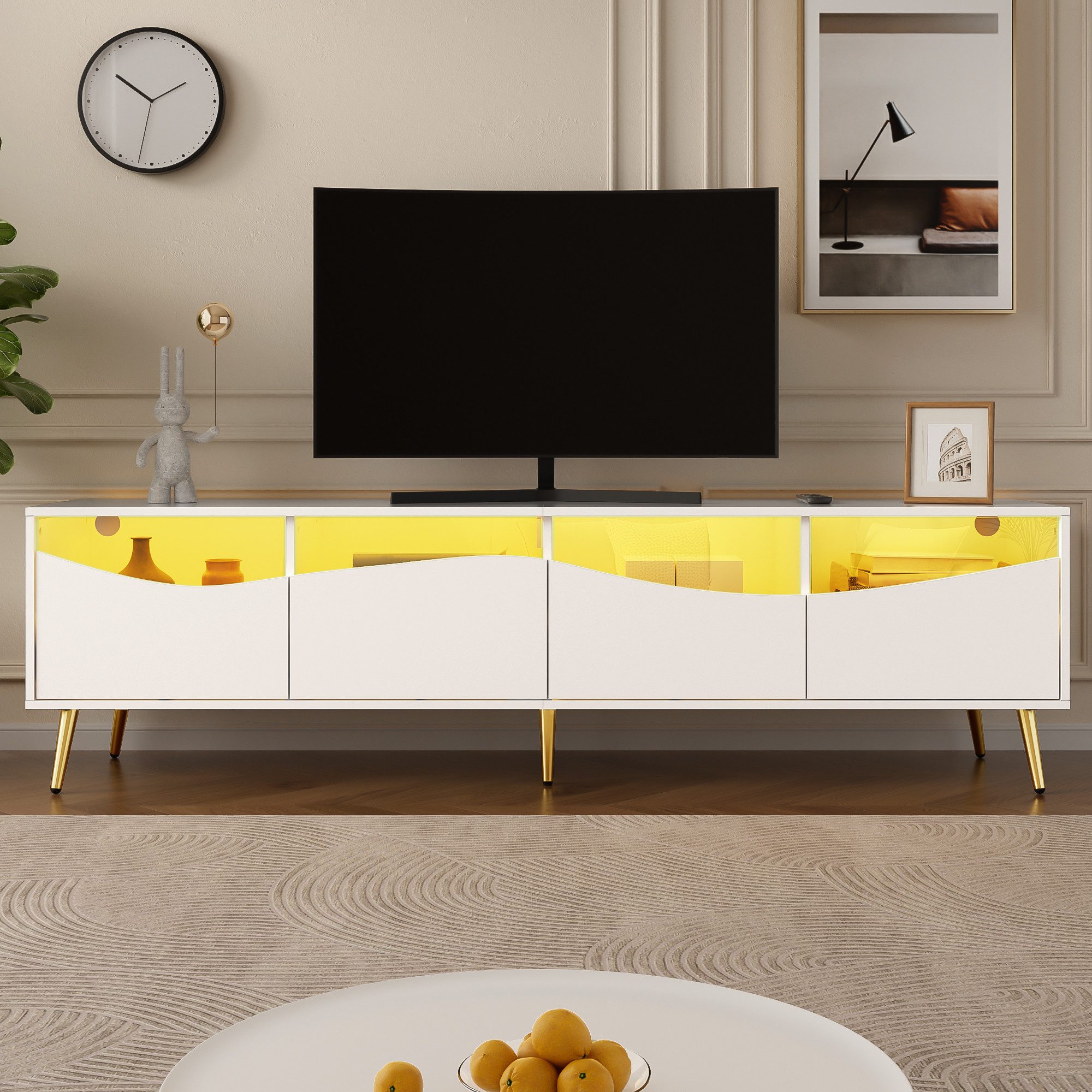 Ulife Lowboard TV-Schrank mit LED-Beleuchtung, 4 Schubladen, 180 x 40 x 50 cm (1 St), Holzfarbener Korpus, Goldene Metallfüße & Glasfront