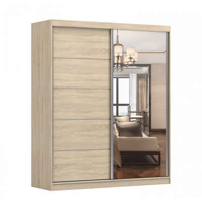 MOEBLO Kleiderschrank TESS 03 (Schwebetürenschrank 2-türig Schrank Garderobe Schiebtüren Schlafzimmer, mit Spiegel Kleiderstange und Regale) (BxHxT):183x218x61 cm