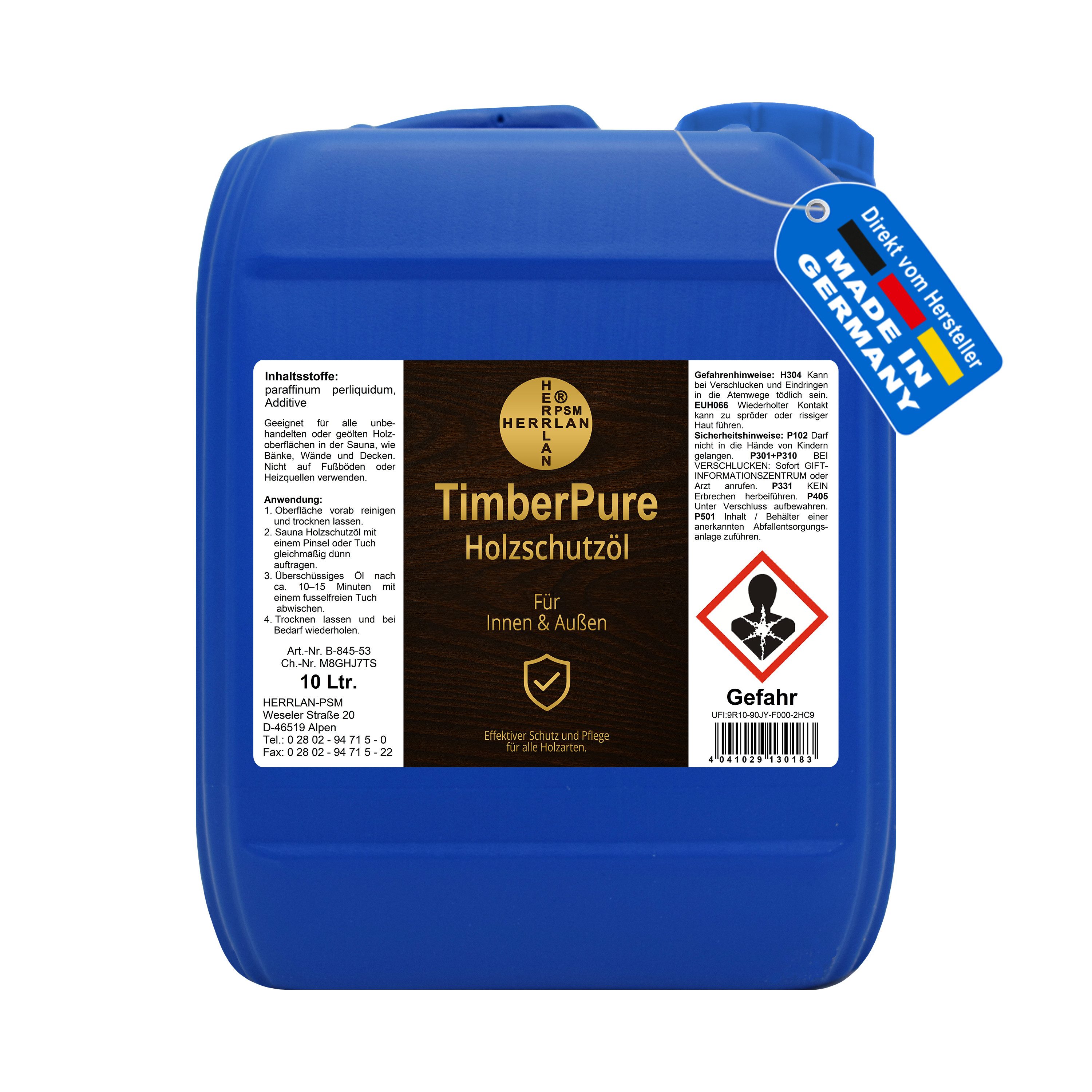 HERRLAN Holzöl TimberPure für Saunaholz, (Ph. Eur), farblos, geruchslos, dünnflüssig