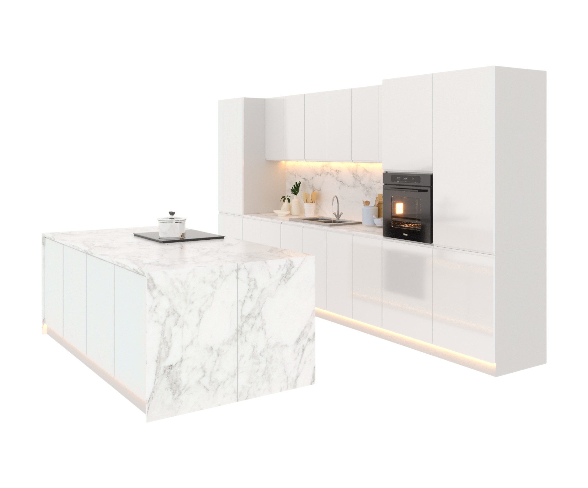 ROYAL24_MARKT Kücheninsel – KU-S13 – Aspen – Eleganz und Funktionalität in Hochglanz Weiß – Grau, (Komplett Set), Luxus – Edel – Zeitlos