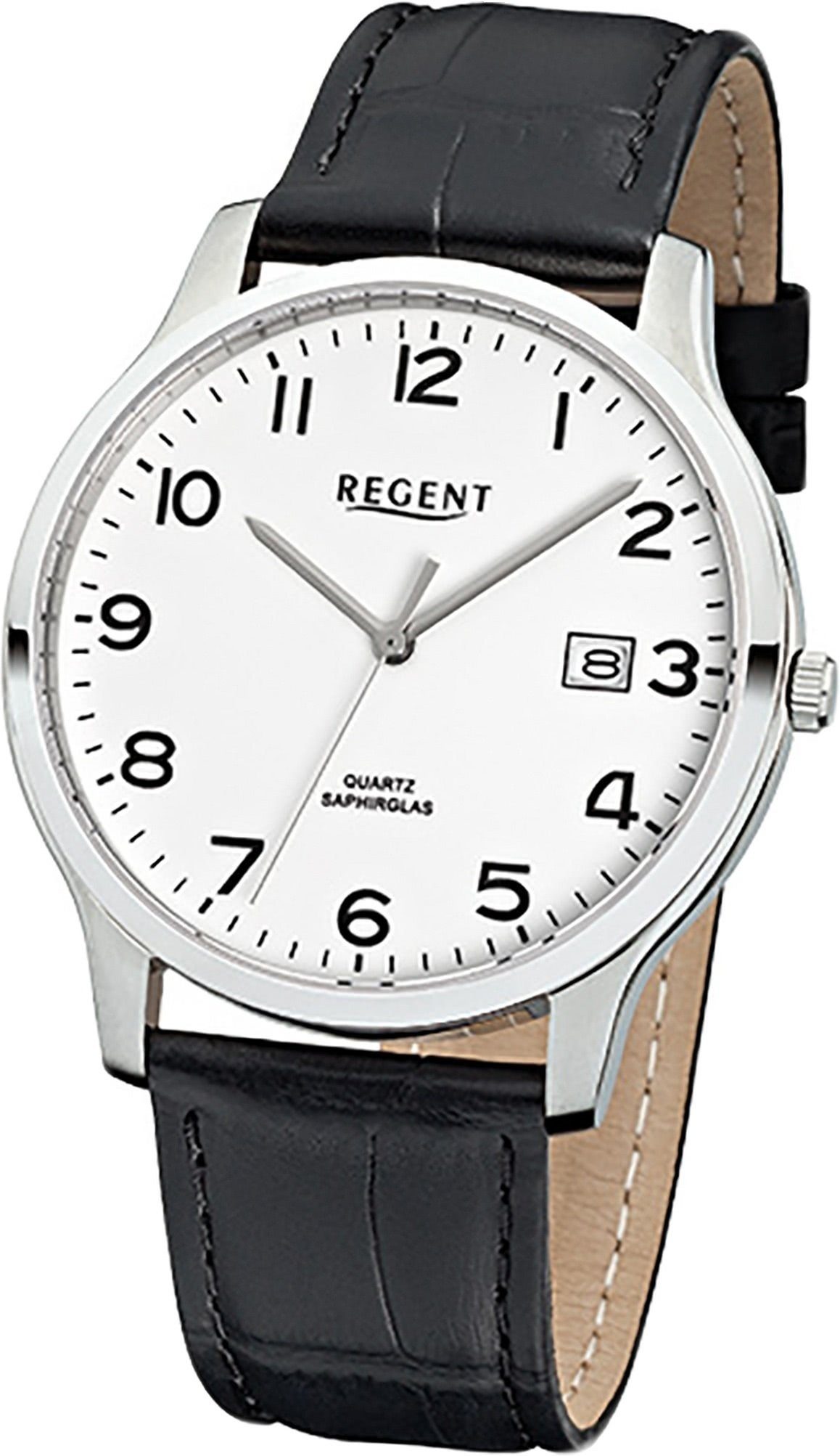 Regent Quarzuhr Regent Leder Herren Uhr F-1025 Quarzuhr, Herrenuhr Lederarmband schwarz, rundes Gehäuse, mittel (ca. 39mm) | Quarzuhren
