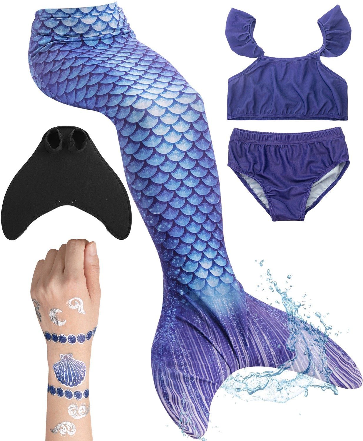 Corimori Monoflosse Meerjungfrauenflosse mit Bikini und Tattoos, Merjungfrauen Schwimmflosse mit Bikini Set