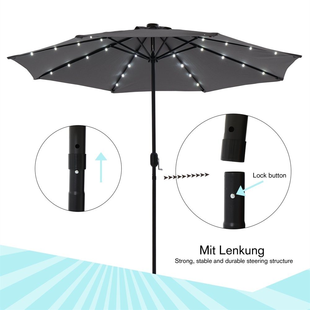 Feel2Home Sonnenschirm Sonnenschirm Marktschirm Ø3m LED Beleuchtung Strandschirm grau/beige, LxB: 300,00x300,00 cm, Stück, Premium-Sonnenschirm, LED-Beleuchtung – Bild 5 von 5