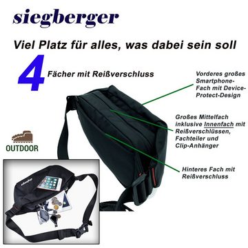 Siegberger Bauchtasche Siegberger Hüfttasche Bauchtasche Gürteltasche Schultertasche, 4 Fächer mit Reißverschluss, 3 innen, großes Handyfach, Flaschenfach, wassergeschützt, ideal für Reise, Wandern, Schule, Beruf, Freizeit, Fächer mit Reissverschluss, Innentasche, Innenfach + 2 Sortierfächer mit Gummizug, Flaschenfach bis 750ml, Schlüssel-Clip, dank HQ-Nylon extrem robust und 270g leicht