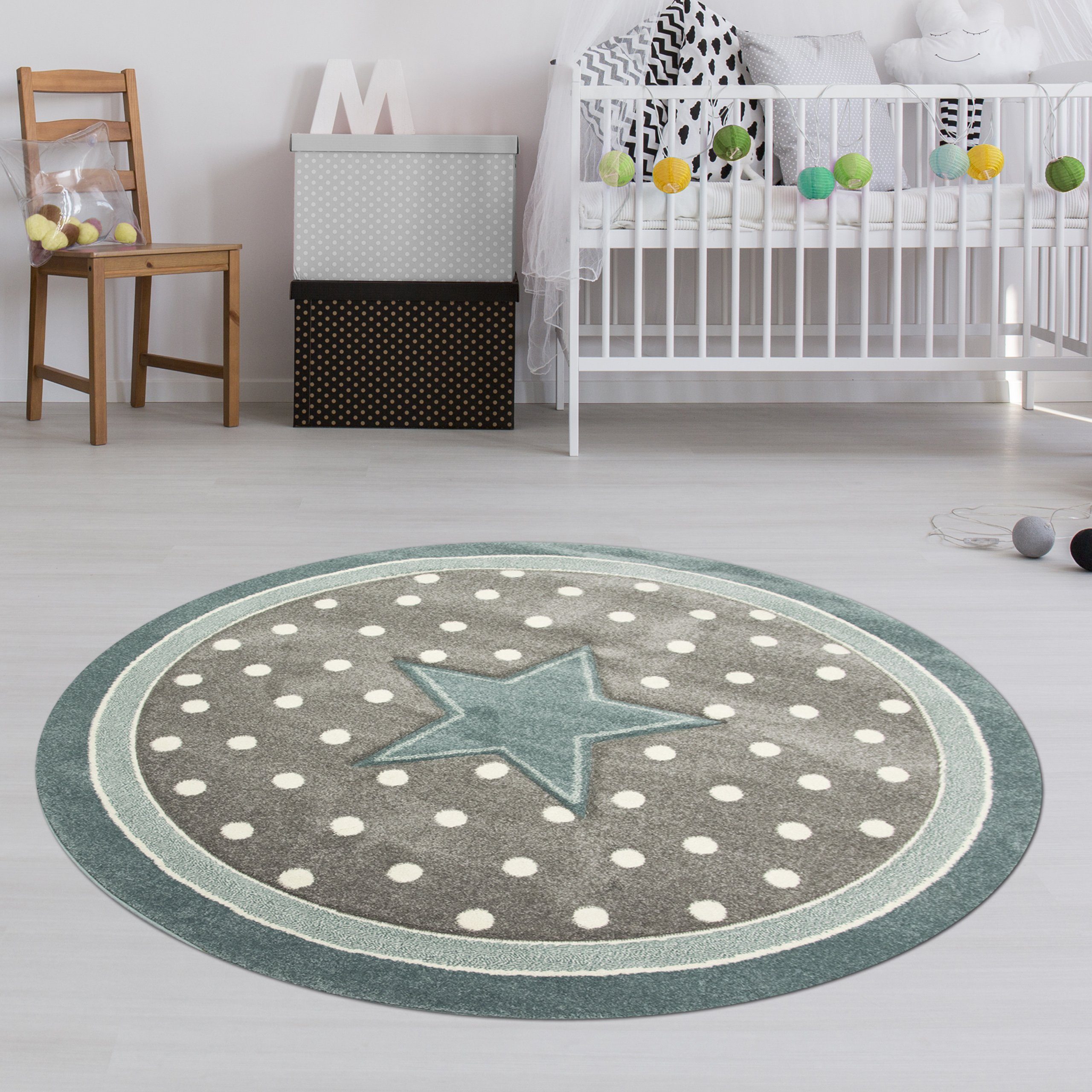 TeppichHome24 Kinderteppich Kinderteppich rund Stern in Türkis Grau Weiss, Rund, Höhe: 13 mm