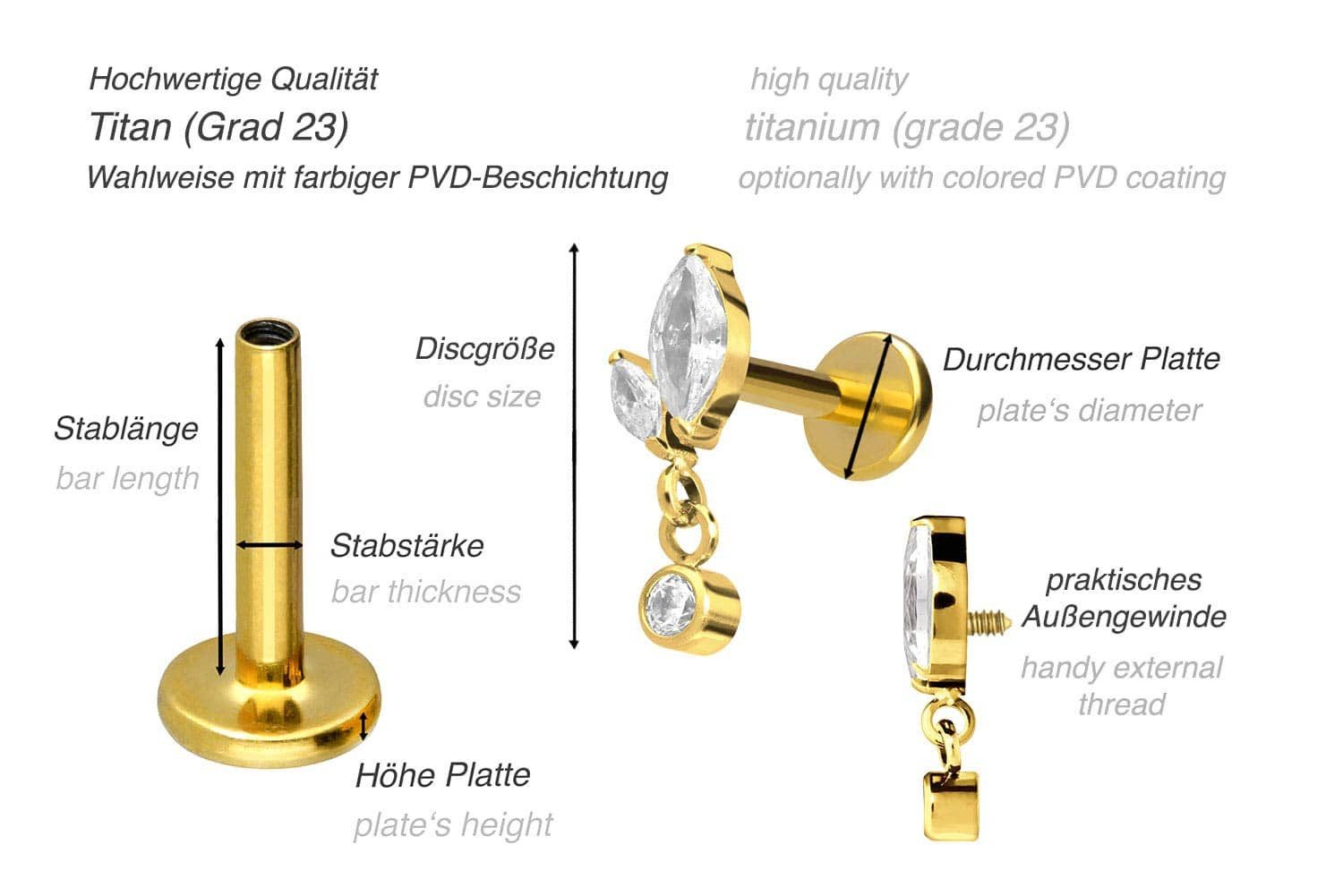 PIERCINGLINE Piercing-Set Titan Labret mit Innengewinde KNOSPE + KRISTALL (Labrets, 1-tlg)