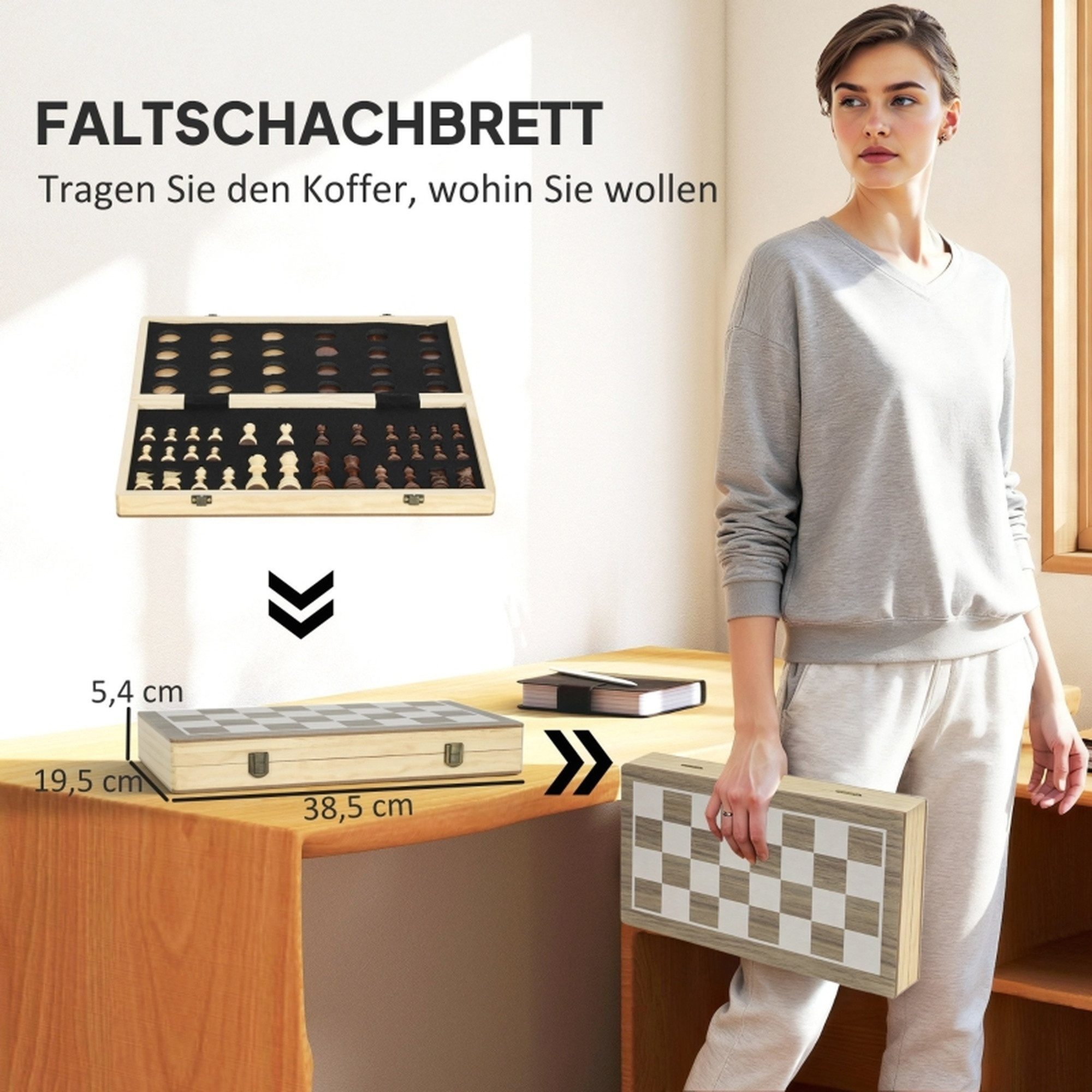 MC Star Spielesammlung Faltbares Spiele-Set, Schach und Dame, kompakter Koffer, Walnuss, Zubehör