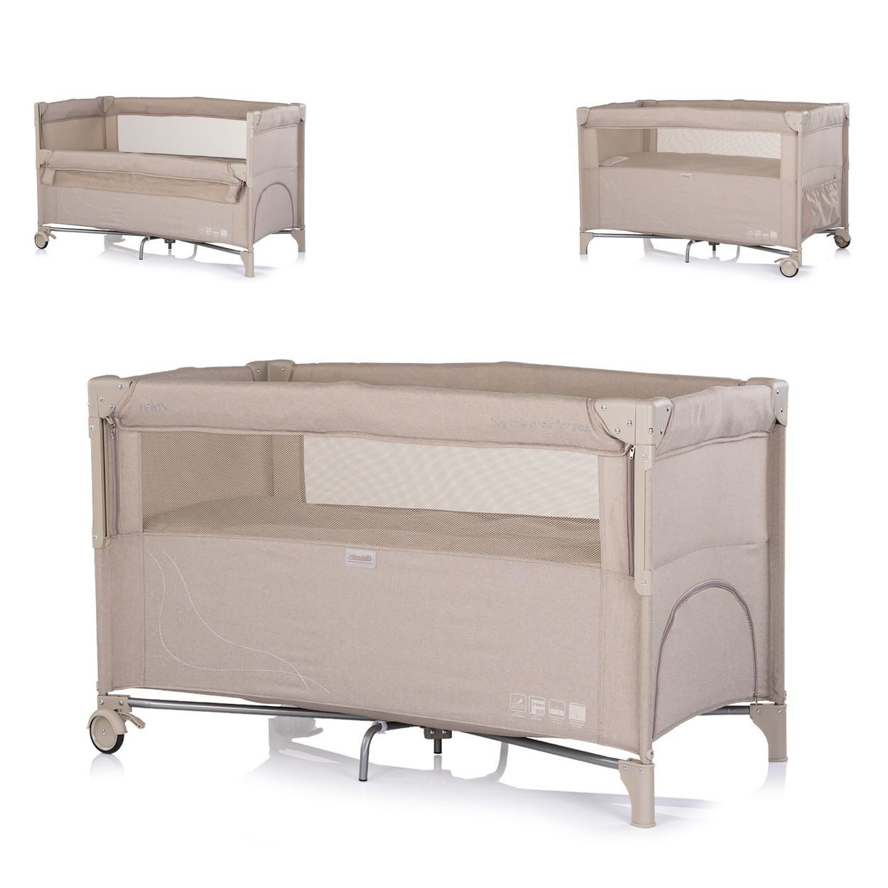 Chipolino Baby-Reisebett Relax Leinen, 2 Ebenen, Räder, als Beistellbett nutzbar, faltbar, Tragetasche