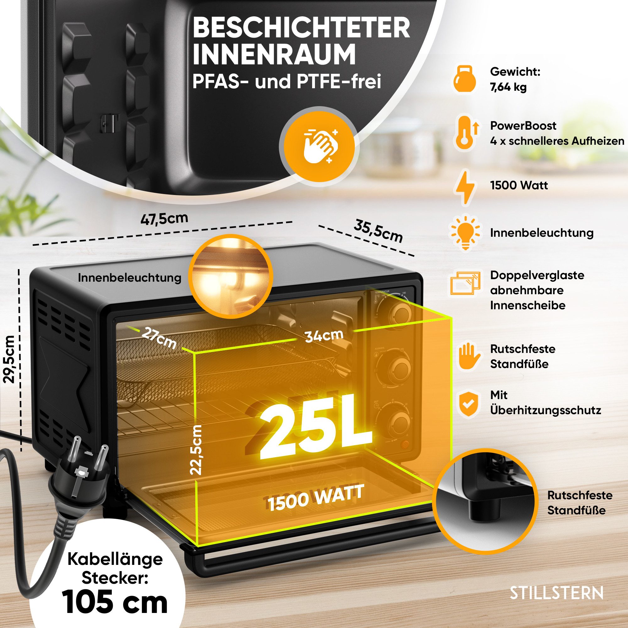 Stillstern Minibackofen MB25-MX 2G (25L) Deutsche Version, Ofenhandschuhe, Rezeptheft, Drehspieß, Timer, Innenbeleuchtung – Bild 4 von 5