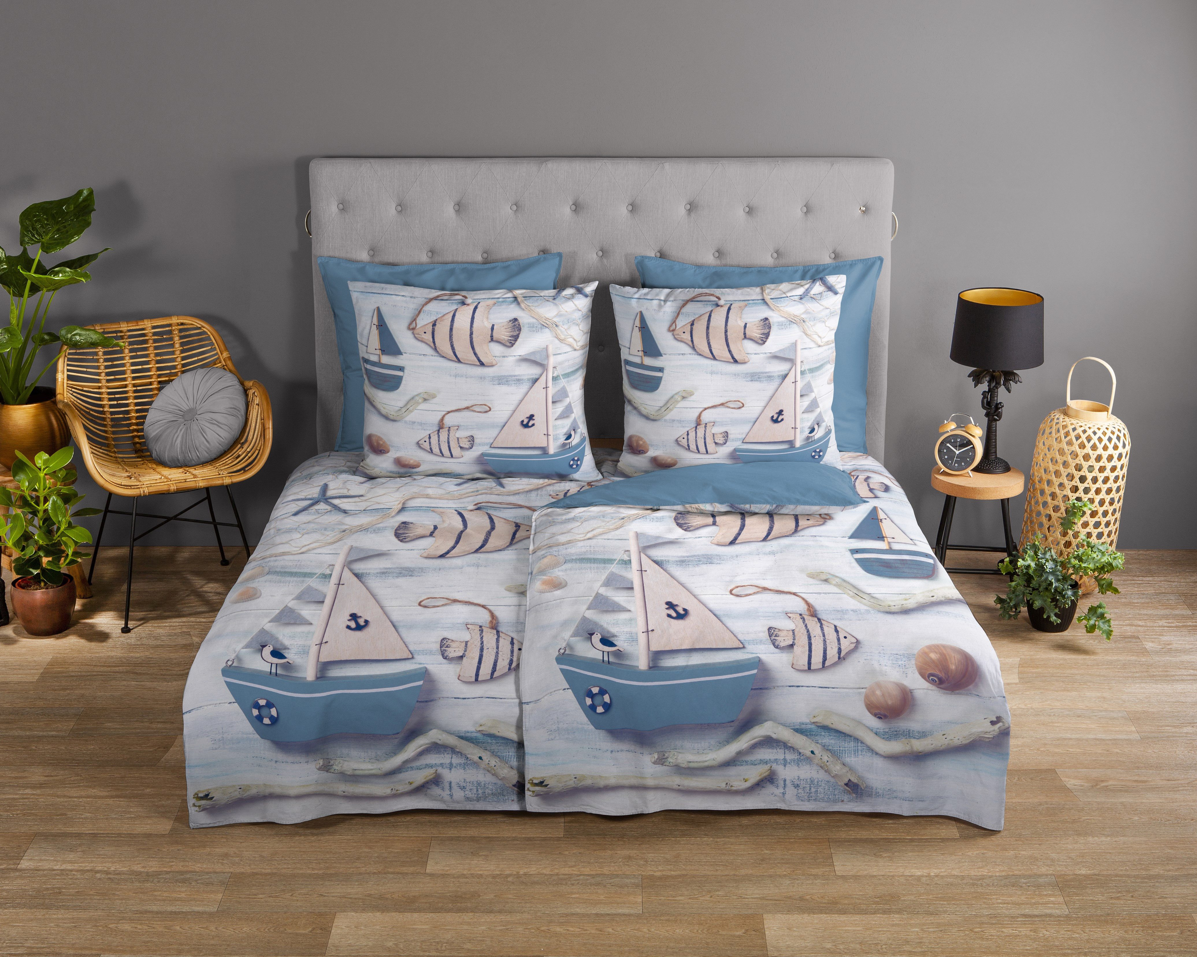 good morning Wendebettwäsche Maritim, Renforcé, 2 teilig, Baumwolle, Renforcé, 135x200, Reißverschluss, Wendeoptik, Maritim Blau