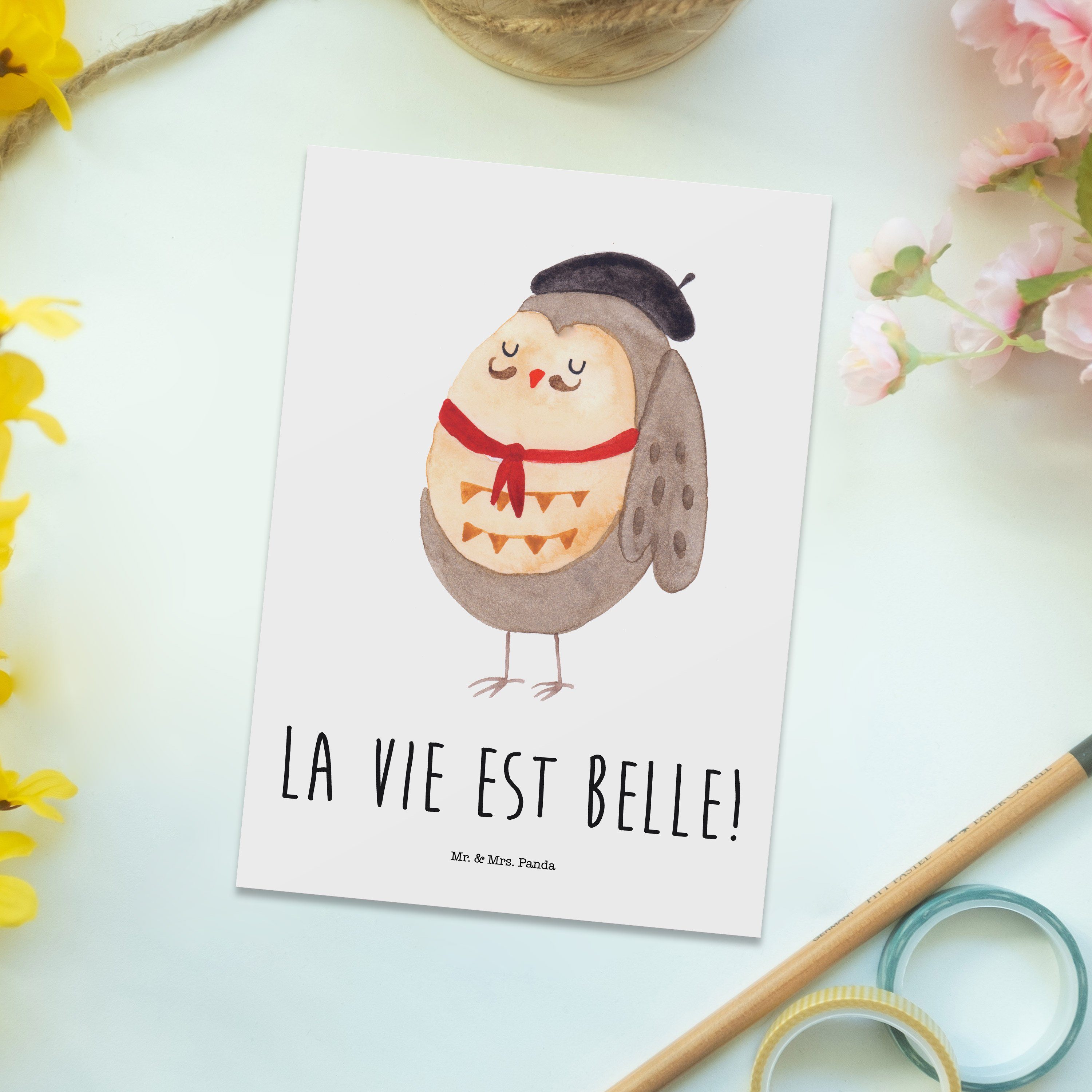 Mr. & Mrs. Panda Postkarte Eule Geschenk, Weiß Grußkarte, Französisch das - glücklich, - hibou