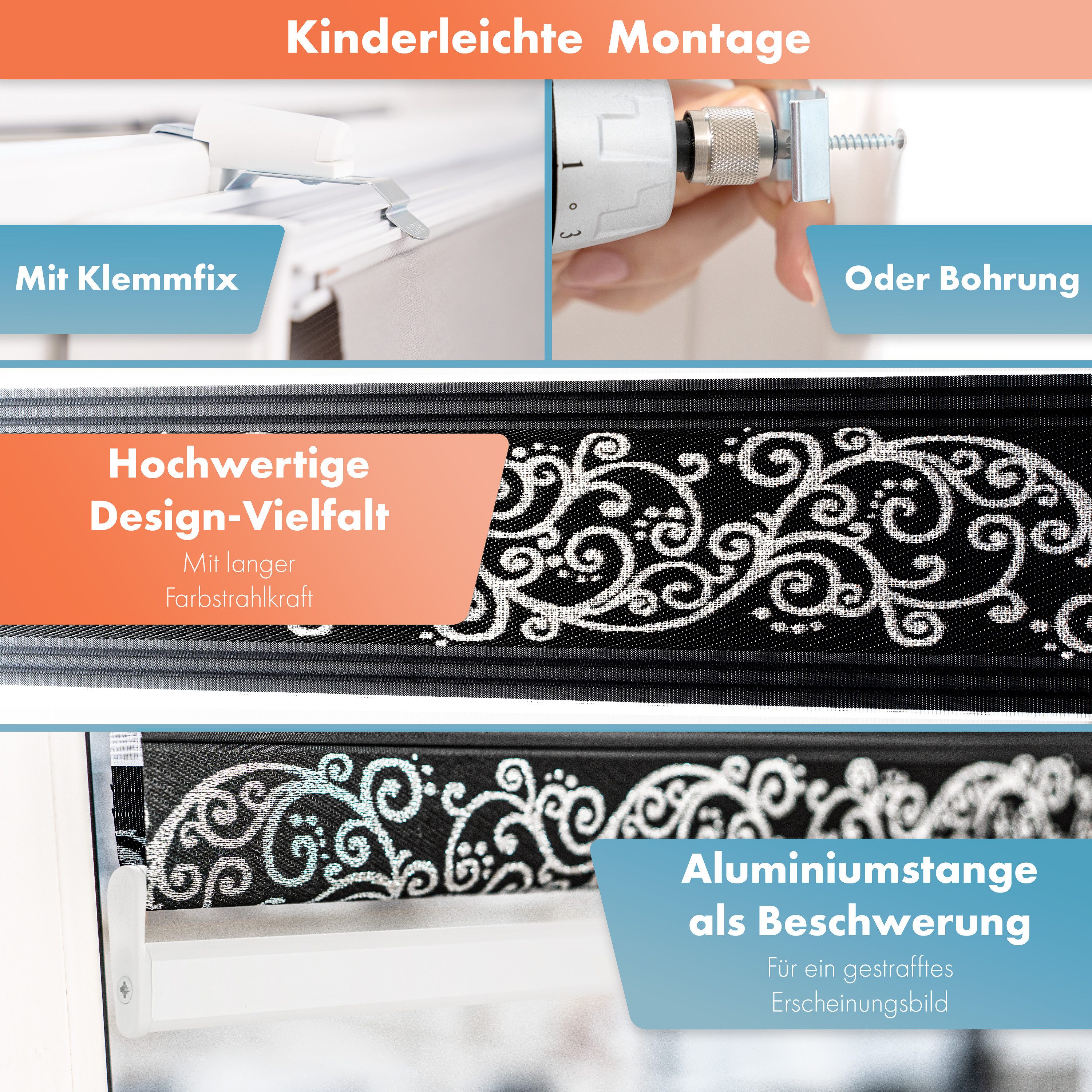 Doppelrollo ohne Bohren, Doppelrollo für Fenster mit Muster, Bailena, Lichtschutz, ohne Bohren, freihängend, Klemmfix, Duo Rollos mit Perlen, glitzernd, Ranken Blumen Motiv