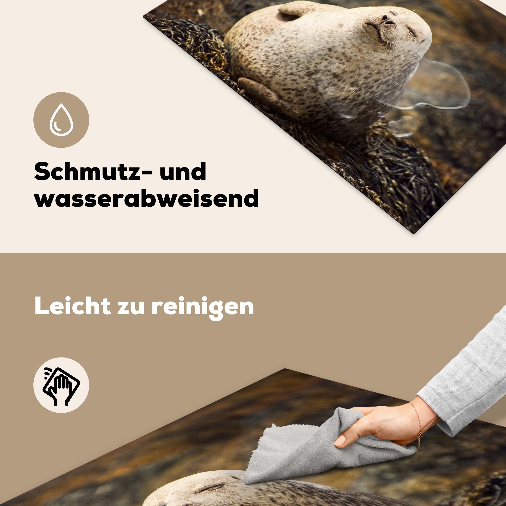 Lächelnde Schutz Herdblende-/Abdeckplatte Vinyl, küche, tlg), für Induktionskochfeld MuchoWow Robbe, 81x52 (1 Ceranfeldabdeckung cm, die