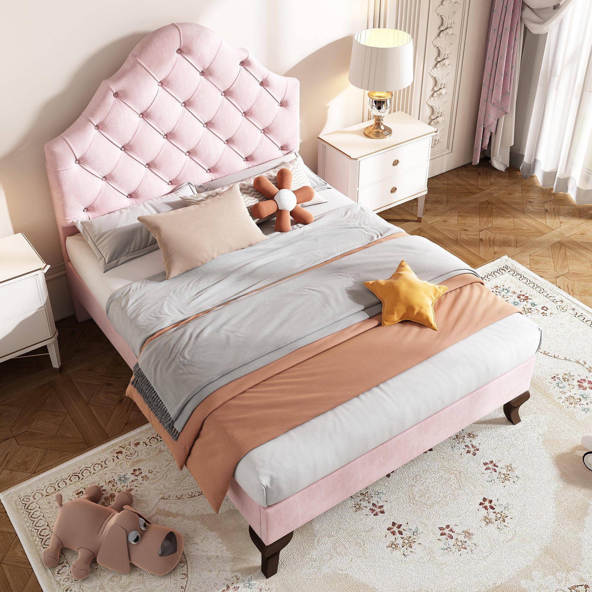 Einzelbett Samt Kopfteil rosa mit Polsterbett, Flieks höhenverstellbarem 90x200cm
