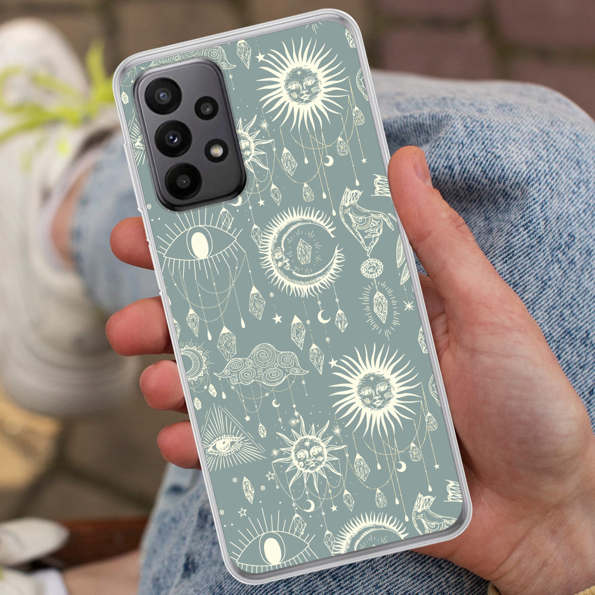 MuchoWow Handyhülle für Samsung Galaxy A23 5G Boho - Druck - Blau - Sonne - Augen - Zen, Smartphone-Bumper, Print, Handy Schutzhülle Dünn