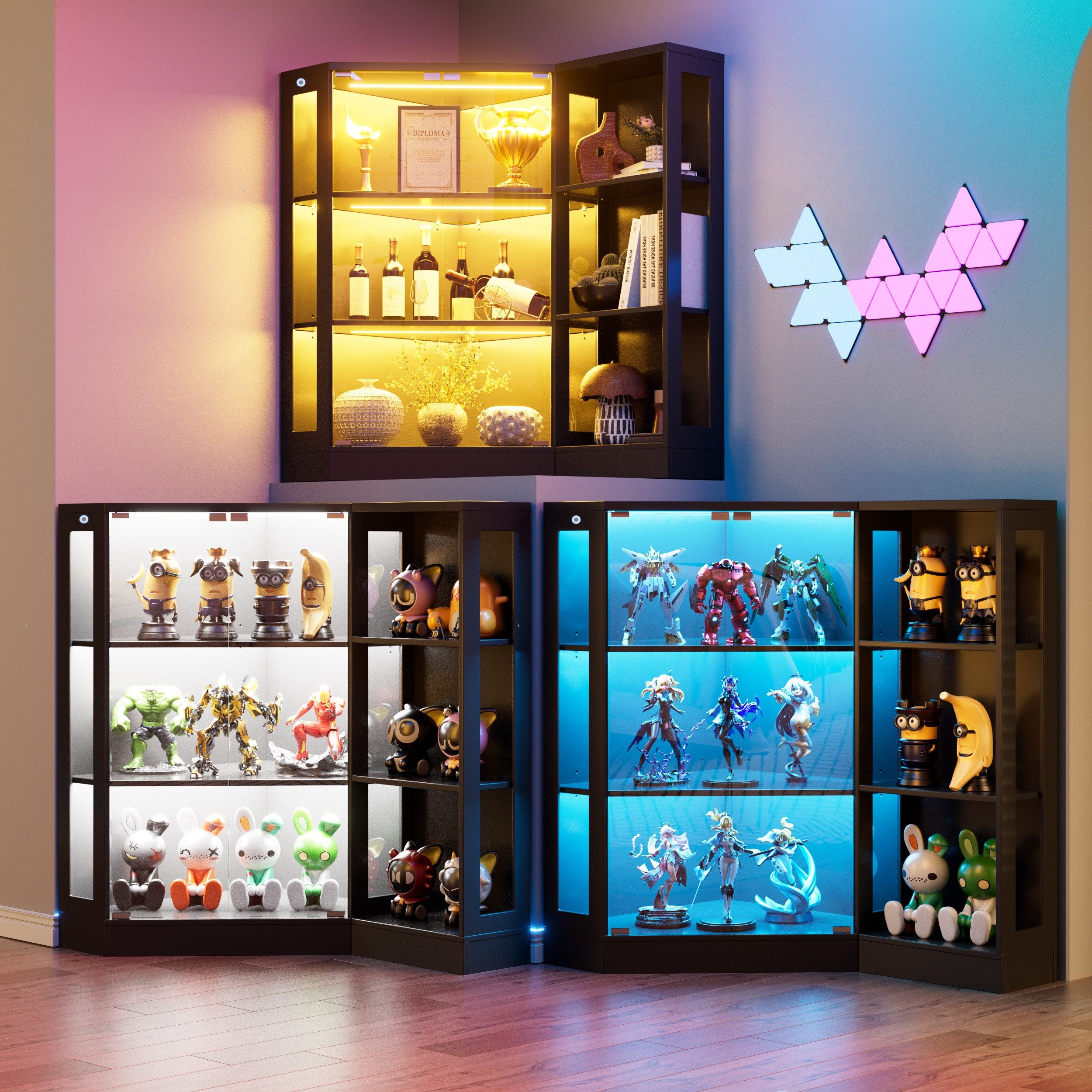 TWSOUL Eckvitrine Glasvitrine verstellbaren Böden LED & gehärtetem Glas Offene Regale 100cm Eckglasanzeigeschrank Hochschrank Bücherregal Spielzeug, Bücher