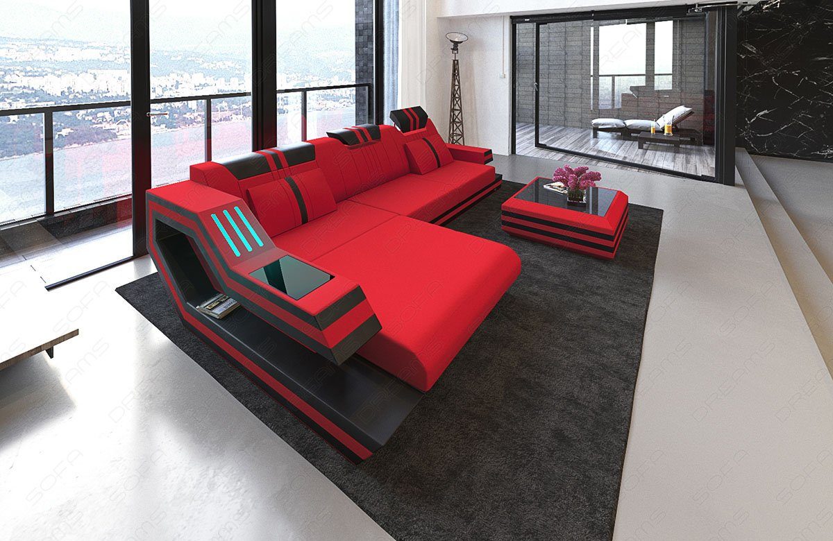 Sofa Dreams Ecksofa Ecksofa Polster Stoffsofa Ravenna L Form M Mikrofaser Stoff, Couch wahlweise mit Bettfunktion rot-schwarz
