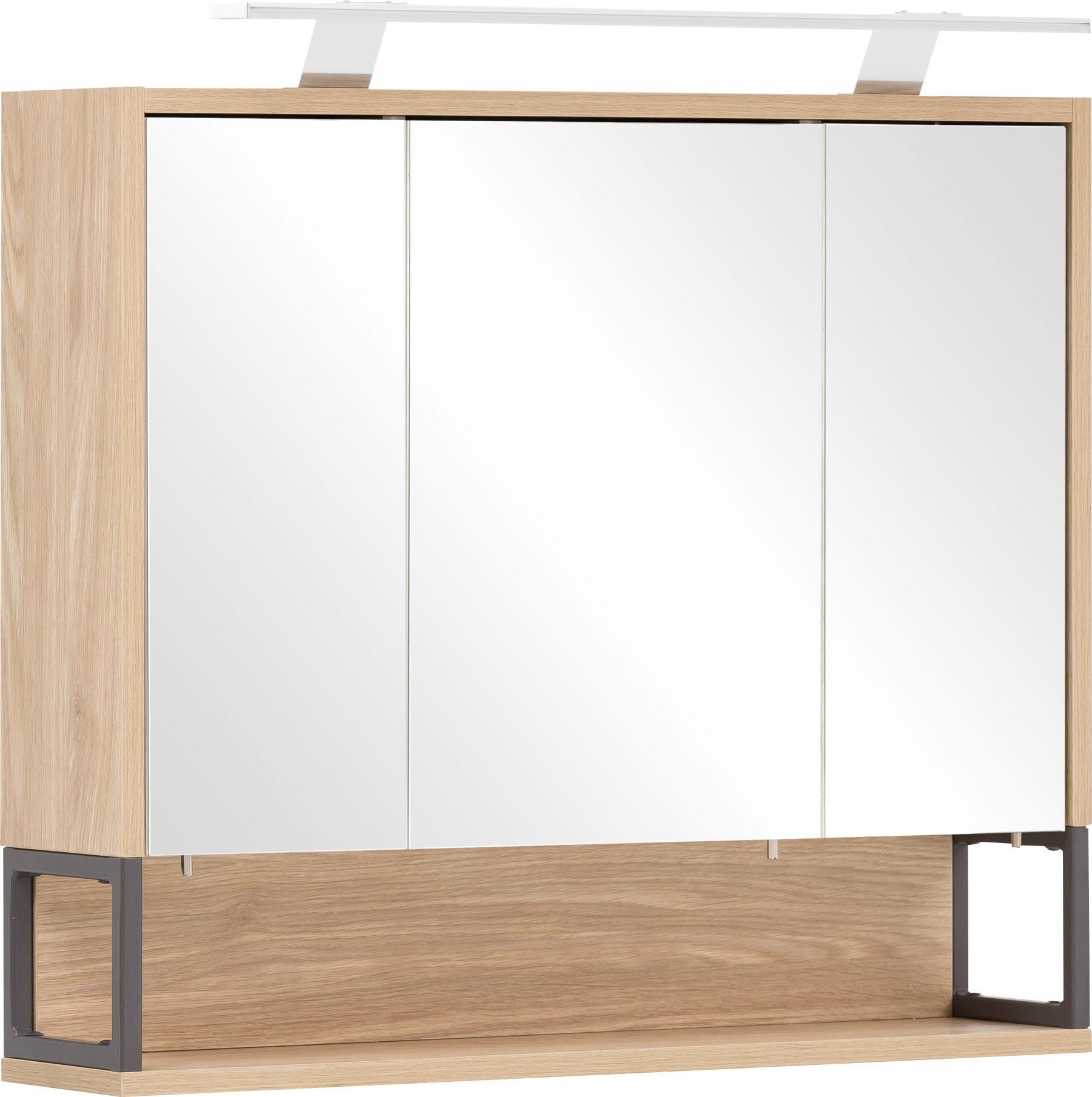 Schildmeyer Spiegelschrank Limone 3-türig, 70 cm, Breite eichefb. hell LED-Beleuchtung, Schalter-/Steckdosenbox