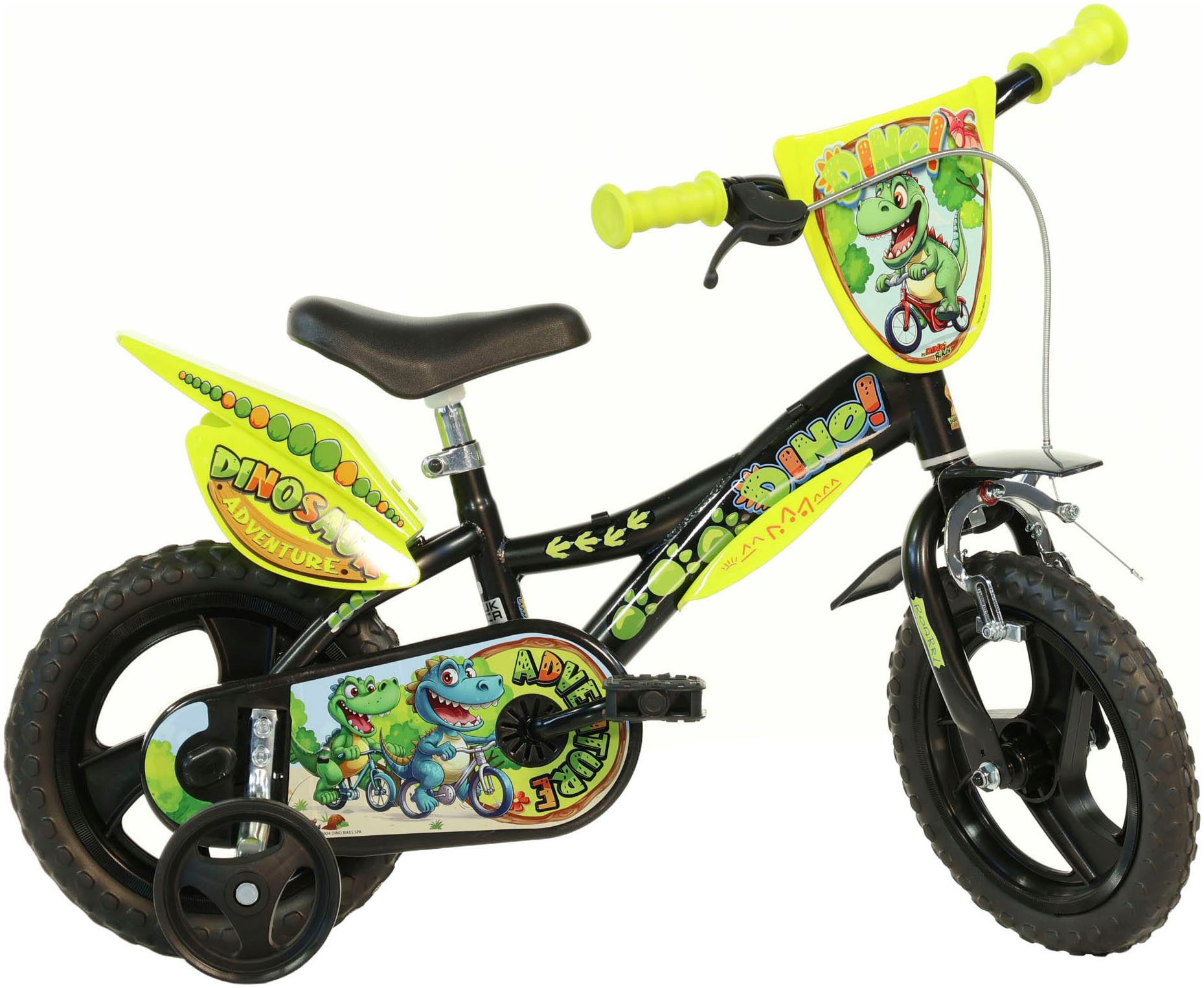 Dino Kinderfahrrad Dinosaurier T-Rex 12 Zoll, 1 Gang, mit Stützrädern, Frontschild und coolen Schutzblechen