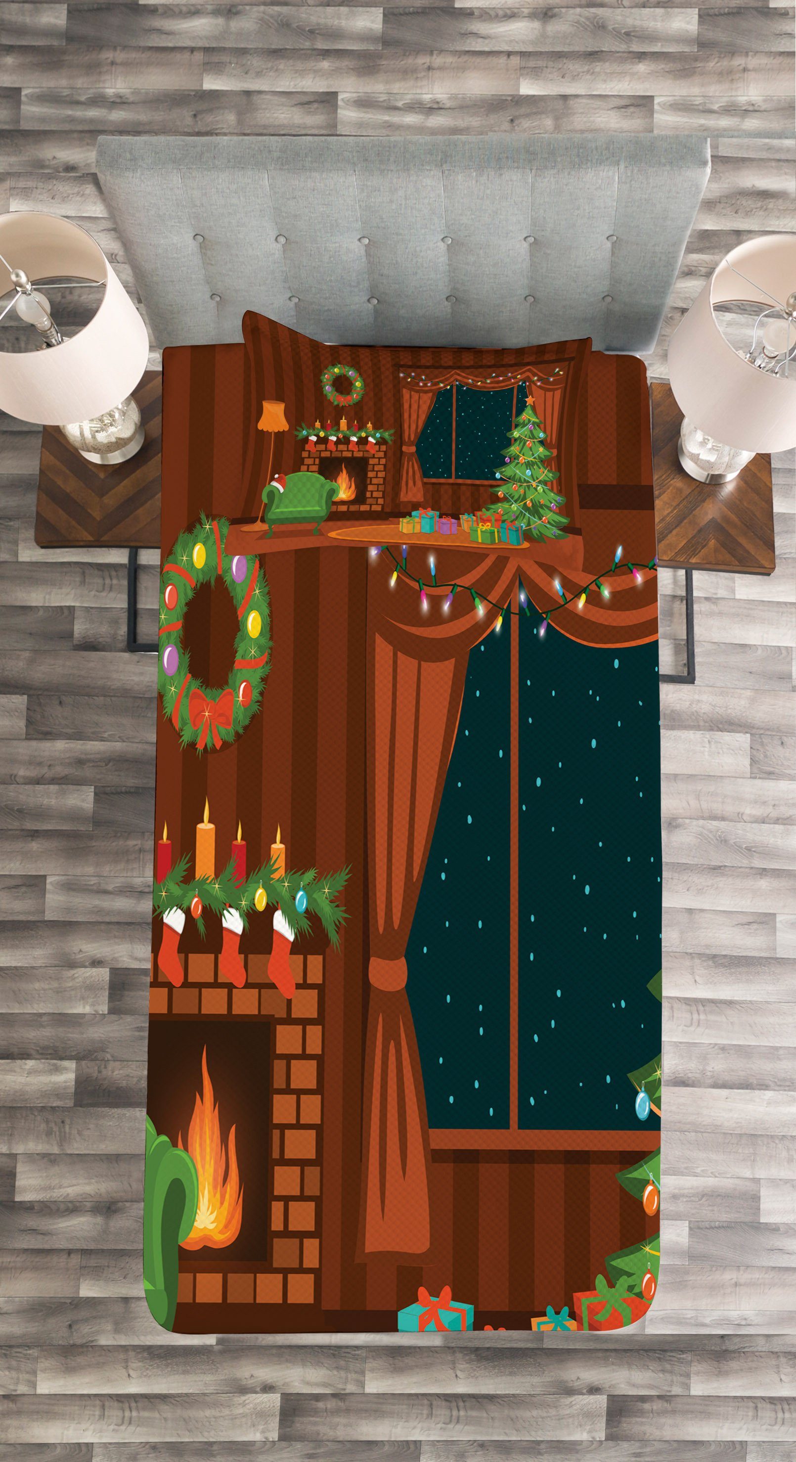 Cartoon-Weihnachtszimmer Waschbar, mit Tagesdecke Kissenbezügen Abakuhaus, Kamin Set
