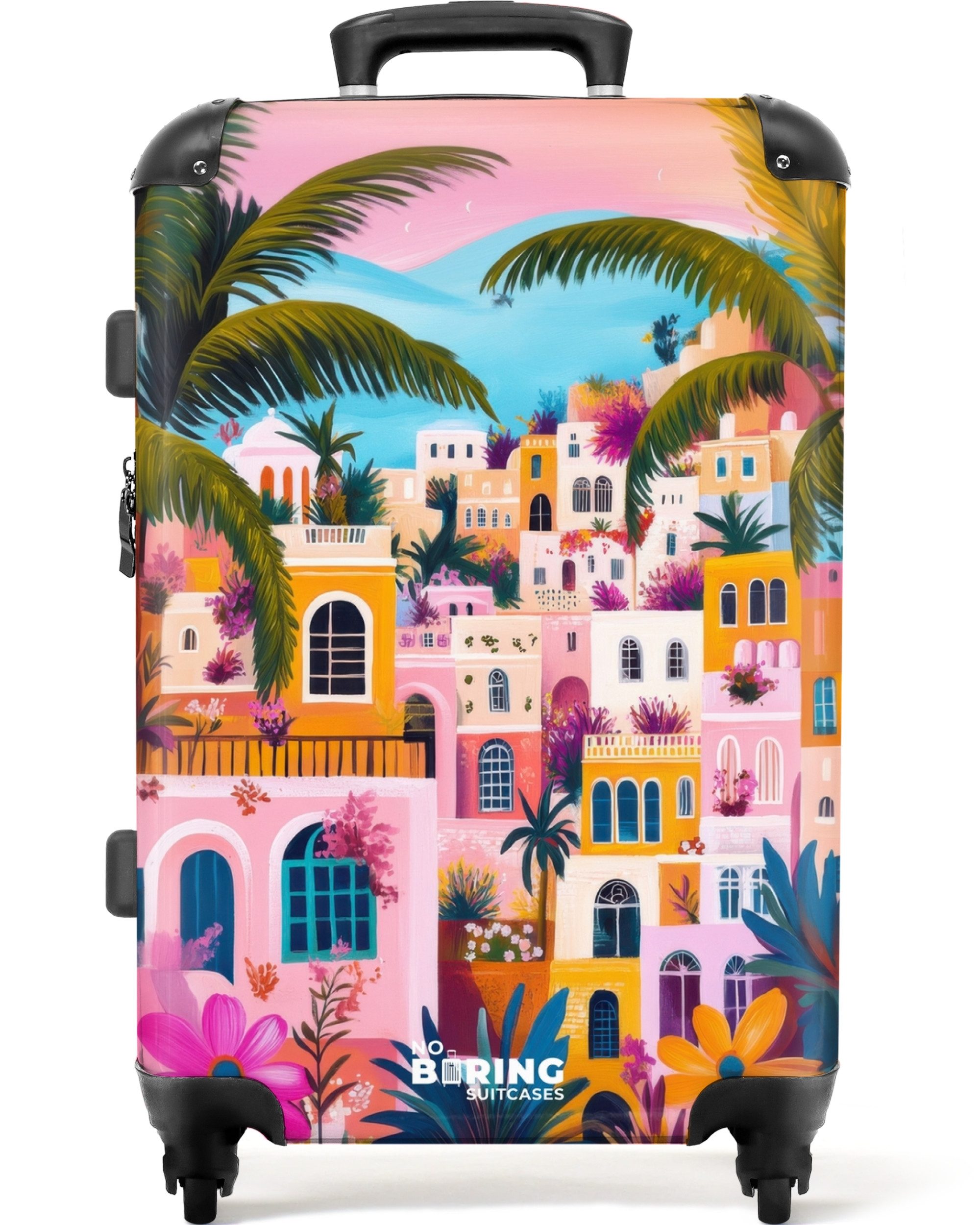 NoBoringSuitcases.com© Hartschalen-Trolley Bunte Stadt mit Palmen günstig online kaufen