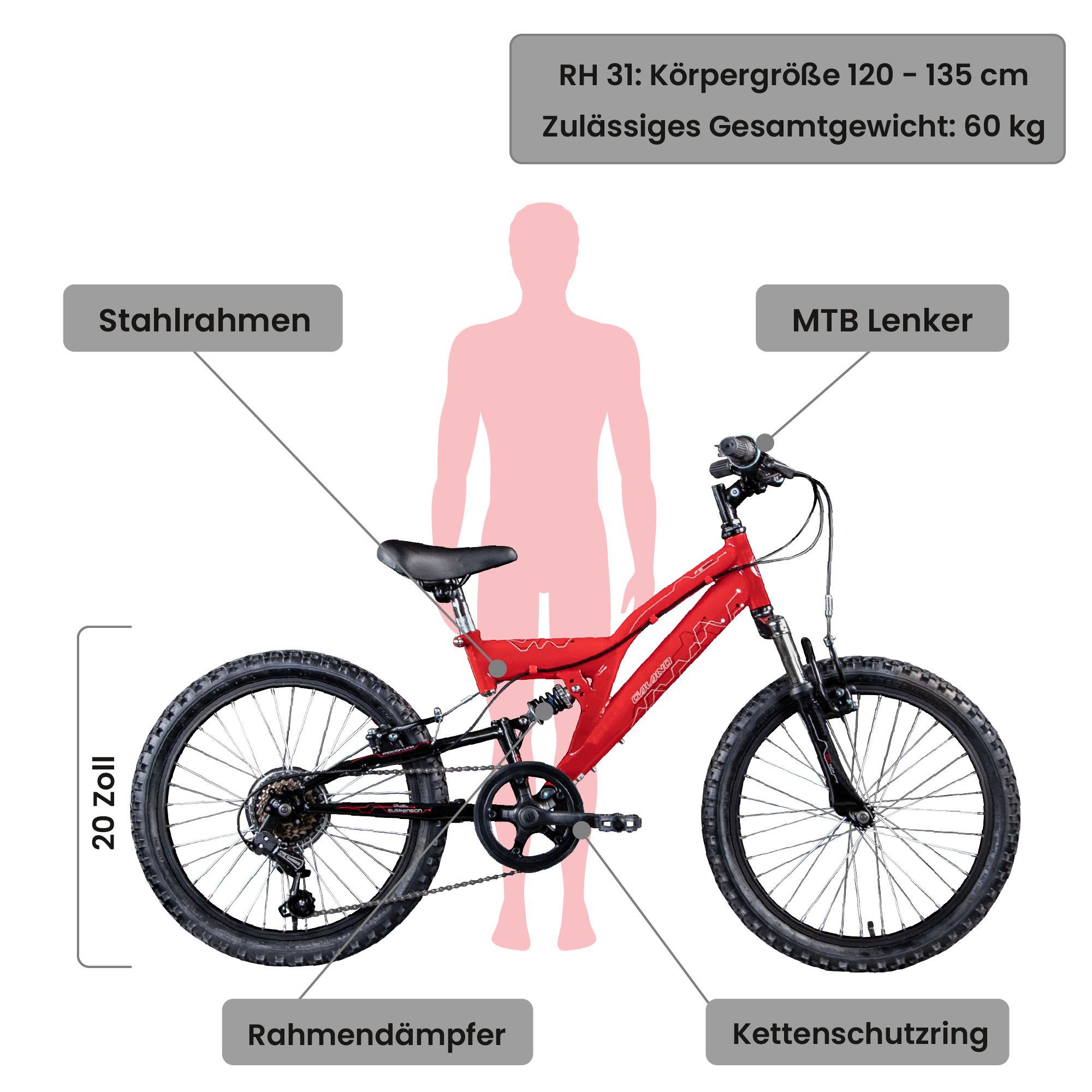 Thumbnail - Galano Mountainbike FS180, 6 Gang, Kettenschaltung, 20 Zoll Kinderfahrrad ab 6 Jahre 120-135 cm für Mädchen und Jungen