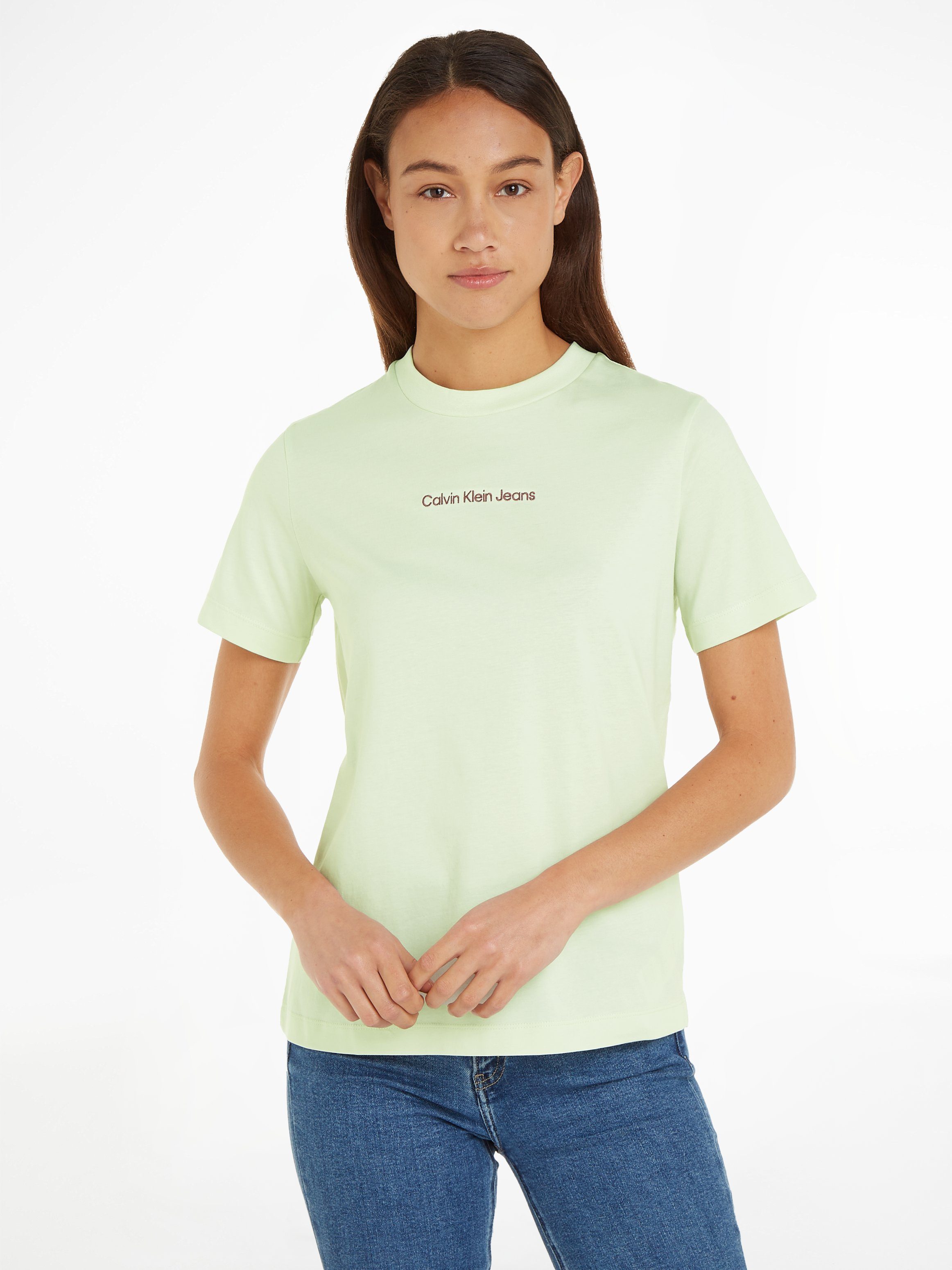 INSTITUTIONAL Klein T-Shirt Canary Markenlabel mit TEE Calvin Amaranth / STRAIGHT Jeans Green