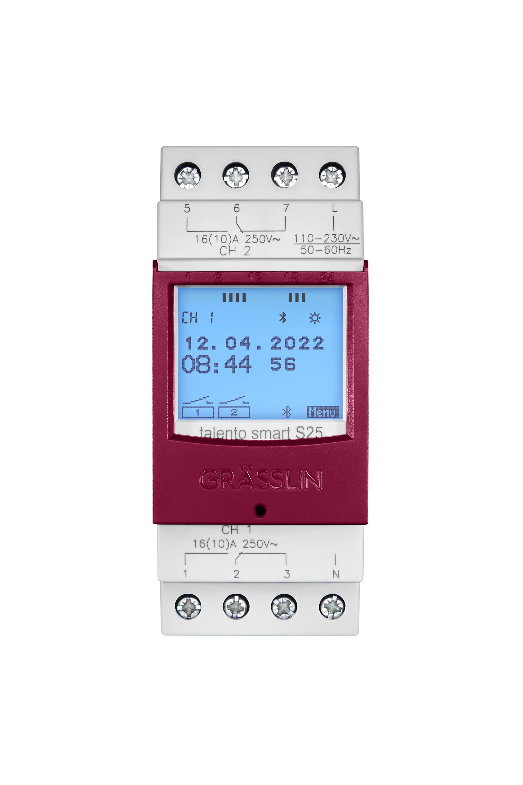 Grässlin Zeitschaltuhr talento smart S25 43.04.0001.1, 2 Kanäle, erweiterbar auf 8, Hutschiene, Bluetooth/App, Astro