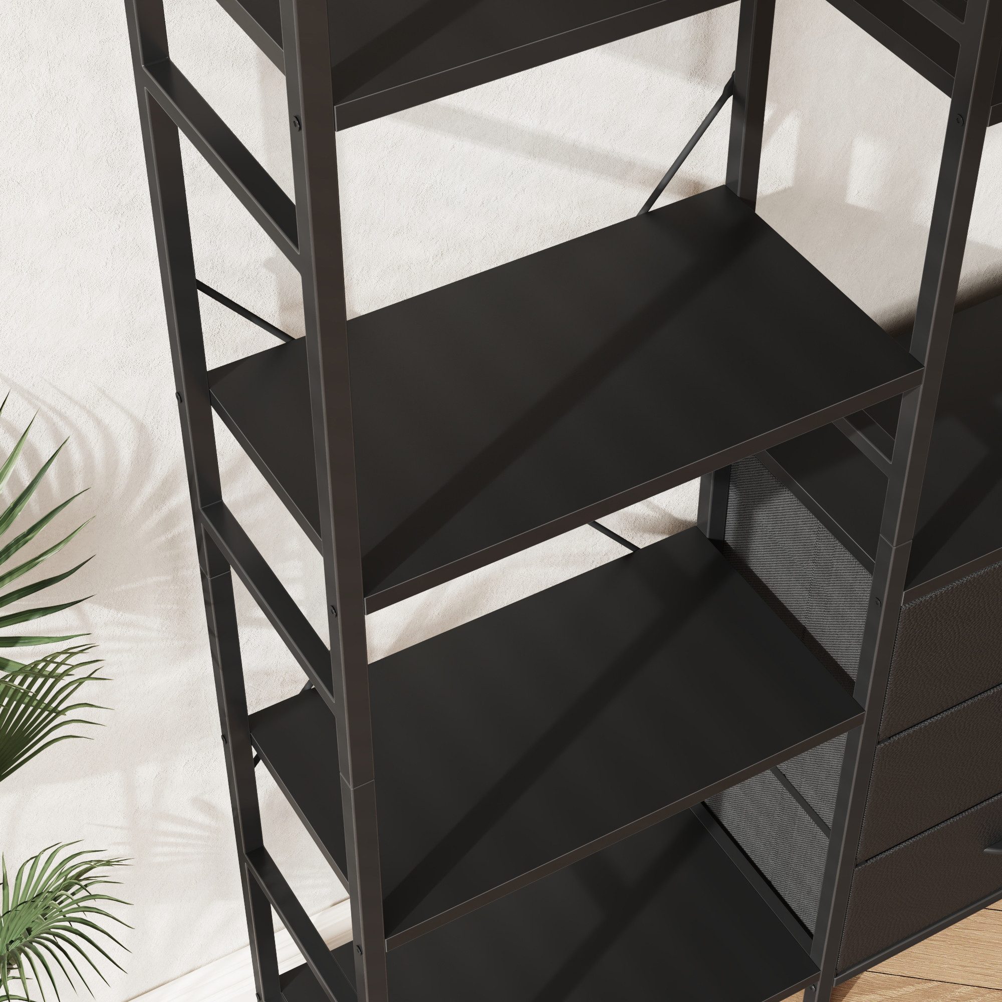 OYRREU Bücherregal mit 3 Stoffschubladen & 10 Ablageböden, Standregal, schlankes Design, höhe 142cm Bücherschrank 1-St., Anti-Kipp-Sicherung, mit offenen Ablage – Bild 5 von 5