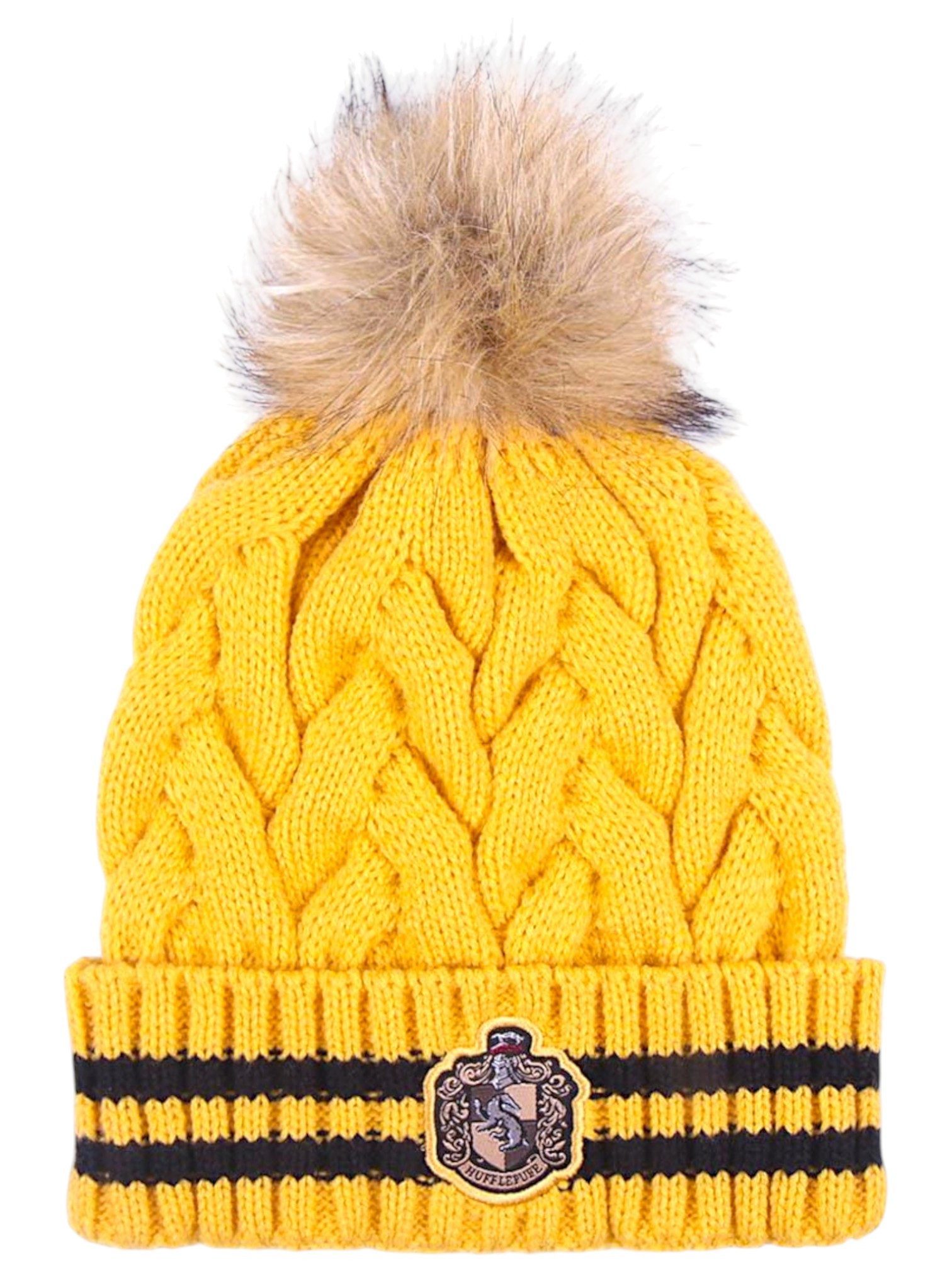 Cerdá Bommelmütze Harry Potter - Hufflepuff Strickmütze mit Zopfmuster & Kunstfell-Bommel 56 cm