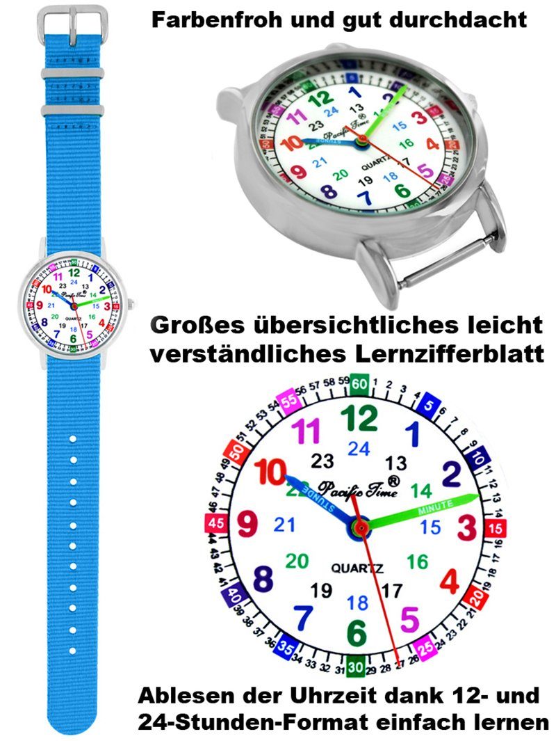 Quarzuhr Time Versand Lernuhr - und Kinder nachhaltiges Wechselarmband, Match hellblau Armbanduhr Pacific Design Gratis Mix