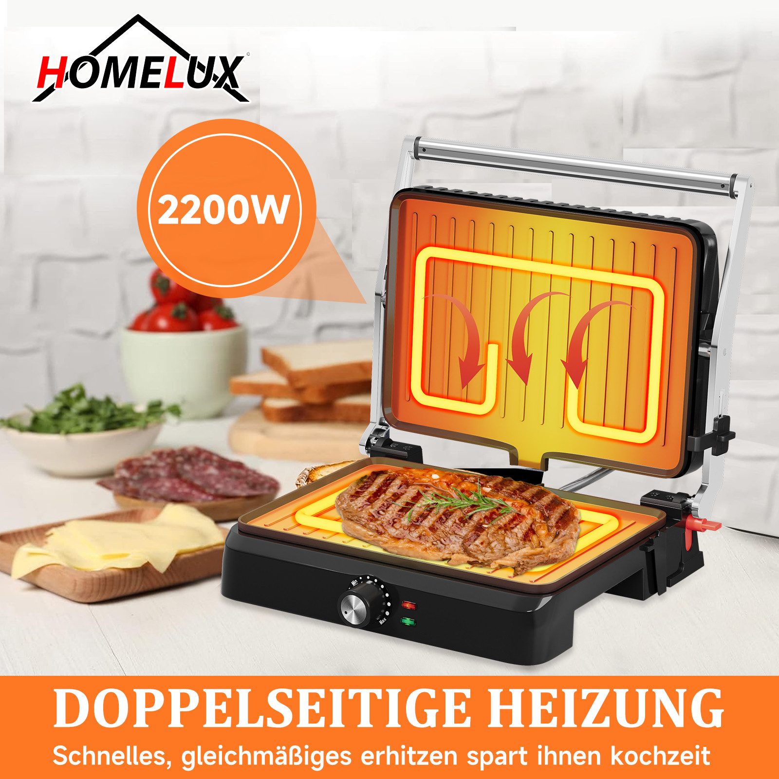 HOMELUX Elektrogrill Kontaktgrill 3 in 1 Multigrill, 2200W Grill, Elektrischer Optigrill, 2200,00 W, Antihaftbeschichtet, Edelstahl Tischgrill mit Zubehör