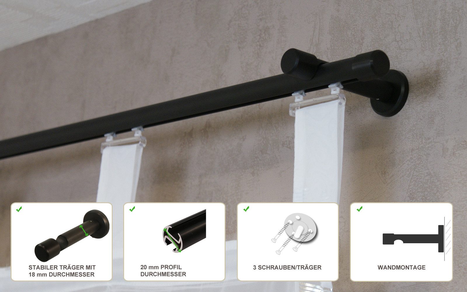iso-design Gardinenstange Innenlauf 20 mm 1-läufig Endstück Kappe Wandabstand 8 cm, Ø 20 mm, 1-läufig, Fixmaß, Wandmontage, Aluminium, Innenlaufprofil mit Metallsäge kürzbar
