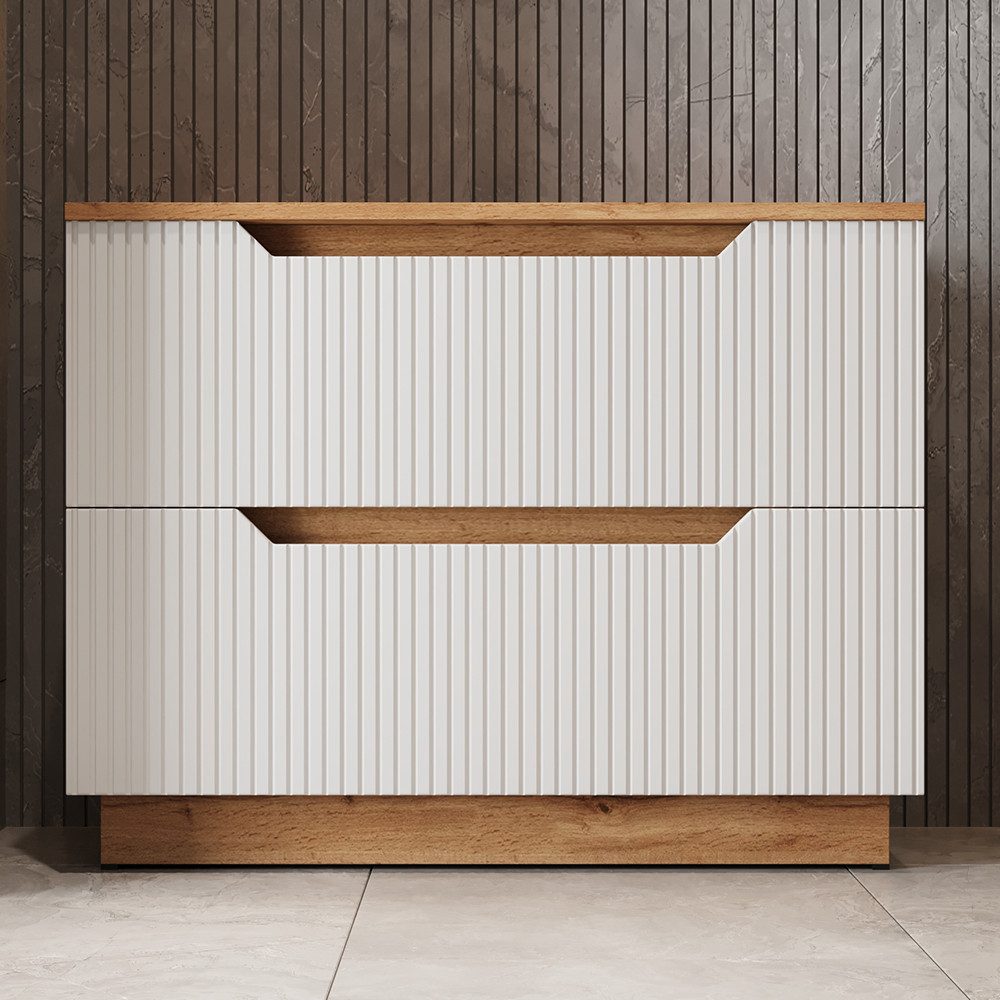 Vicco Waschbeckenunterschrank Lotta, Eiche/weiß gestreift, 79.6 x 62.5 cm mit 2 Schubladen (1-St) – Bild 3 von 5