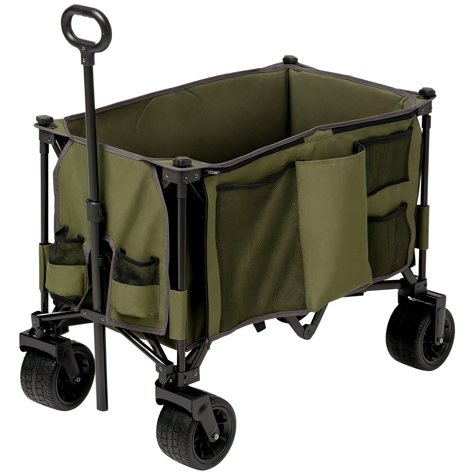 Outsunny Fahrradlastenanhänger Transportwagen mit Verstellbarem Griff, Strandwagen mit Taschen, für Garten, Balkon, Grün