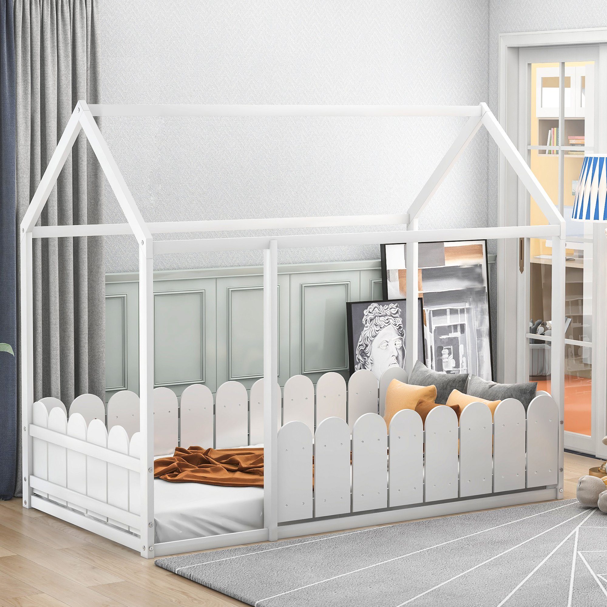 SOFTWEARY Kinderbett Hausbett ohne Lattenrost, Holzbett aus Kiefer (80x160 cm), Einzelbett mit Rausfallschutz weiß